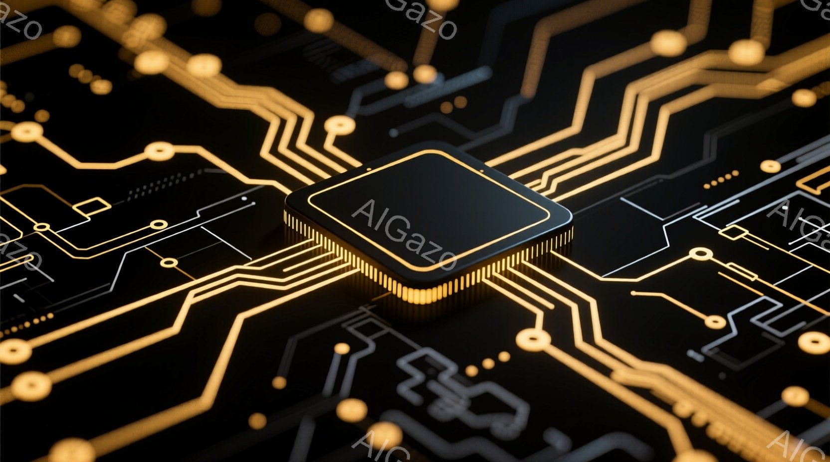 黒い背景に、金色の回路図のようなパターンが複雑に広がっています。中央には、金色の縁取りと黒色の表面を持つ正方形のチップが配置されており、高科技製品や電子機器の内部構造を想起させます。 全体的に未来的な雰囲気で、精密さと複雑さを強調しています。