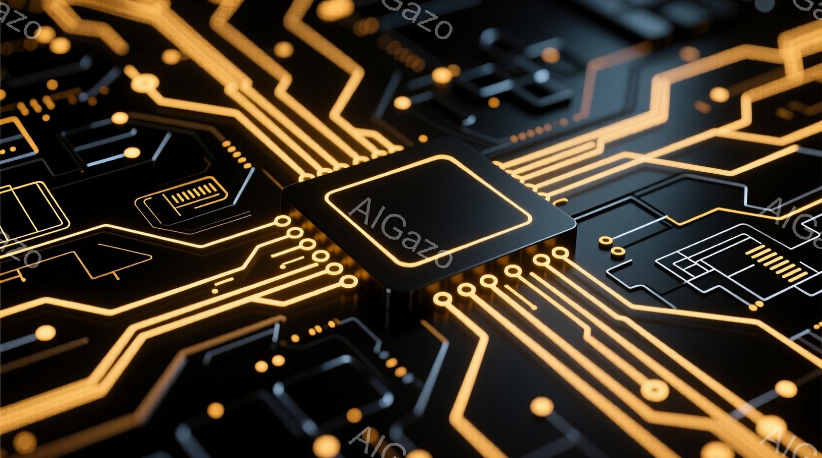 黒い背景に金色の回路が複雑に走っており、まるで電子機器の基盤のようである。回路は直線的で幾何学的なパターンを形成しており、精密さとテクノロジーの雰囲気を醸し出している。光沢のある金色の線が鮮やかで、現代的なデザインを強調している。