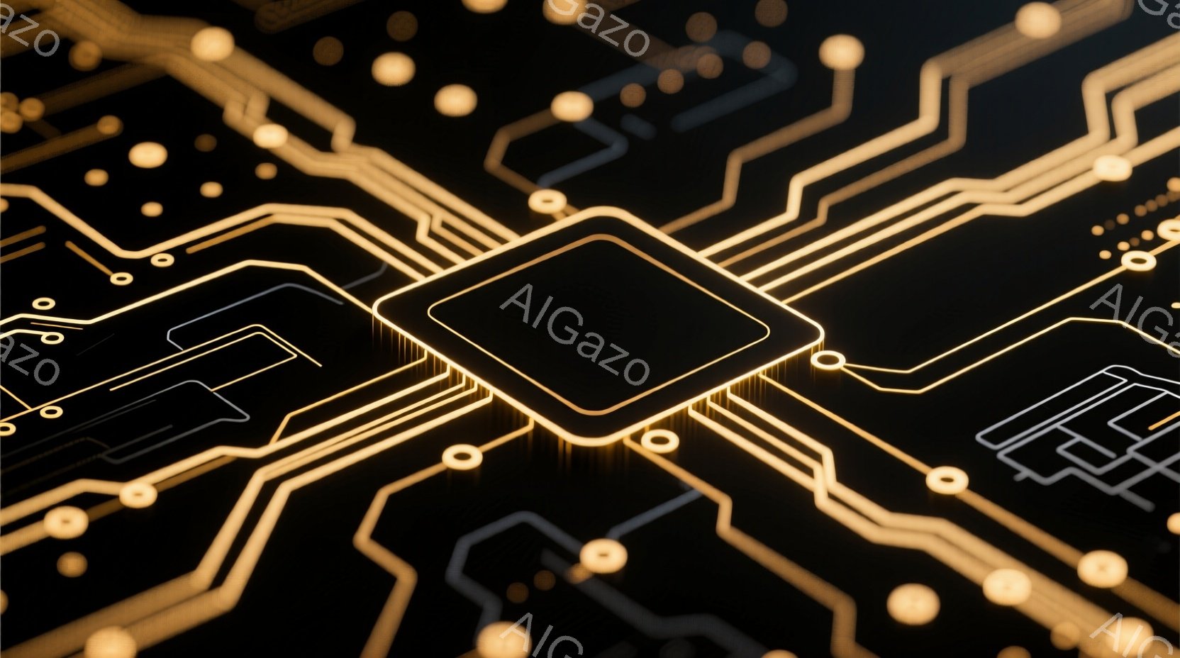 この画像は、暗い背景に金色の回路図が描かれています。中央には、発光している四角いチップが配置され、細い線が複雑に繋がっています。全体的に未来的な、テクノロジーを感じさせる雰囲気が漂っています。 - AI生成フリー素材