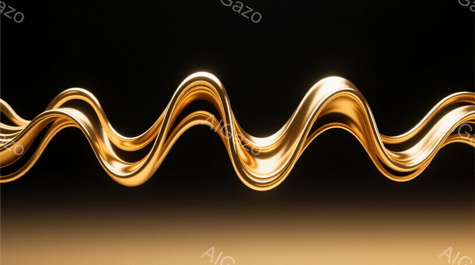 鮮やかな黄金色の波のような曲線が、黒から黄金色へとグラデーションする背景を横切って流れています。曲線は光沢があり、まるで液体の金属のようです。 全体的に、豪華でモダンな雰囲気の抽象的なイメージです。
