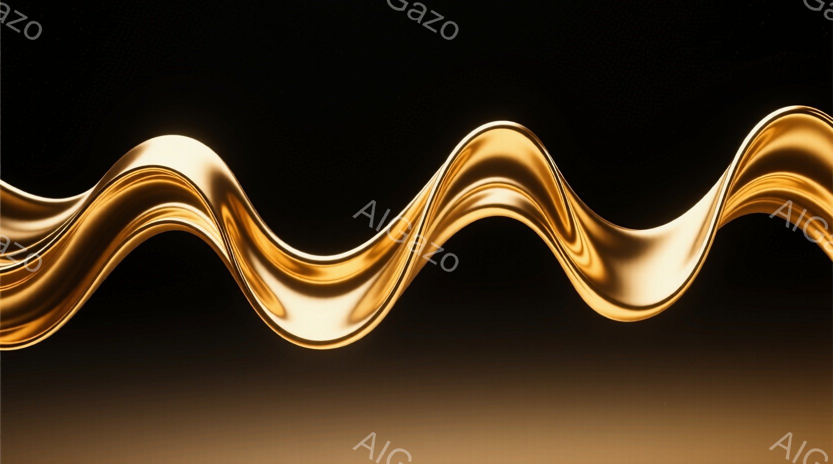 鮮やかな黄金色の流動体が、暗い背景の中で波打つように流れている様子が捉えられています。光沢のある表面は、まるで溶けた金属のように反射し、曲線的なフォルムが優雅さを際立たせています。全体的に、流れるような動きと光のコントラストが、豪華で神秘的な雰囲気を醸し出しています。