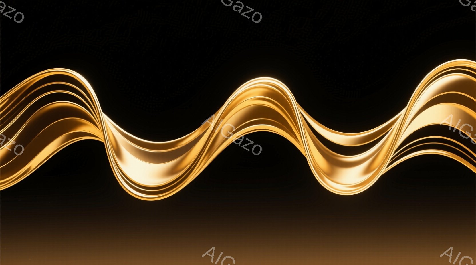 鮮やかな金色の波状の線が、暗い背景に浮かび上がっています。線は滑らかで光沢があり、まるで液体金属がうねっているかのようです。 全体的に、高級感と流動性が感じられる抽象的なイメージです。 - AI生成フリー素材