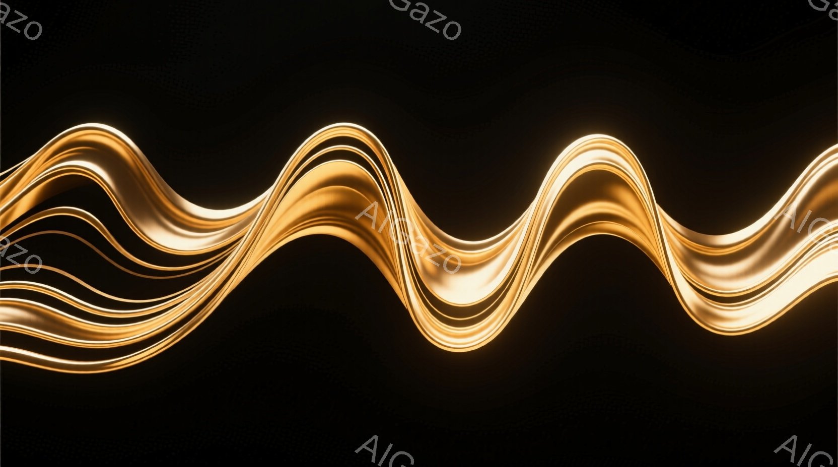 漆黒の背景に、金色のリボンが波打つように流れています。リボンは滑らかで光沢があり、まるで液体金属のようです。全体的に流動的で洗練された印象を与え、優雅さと動きが感じられます。 - AI生成フリー素材