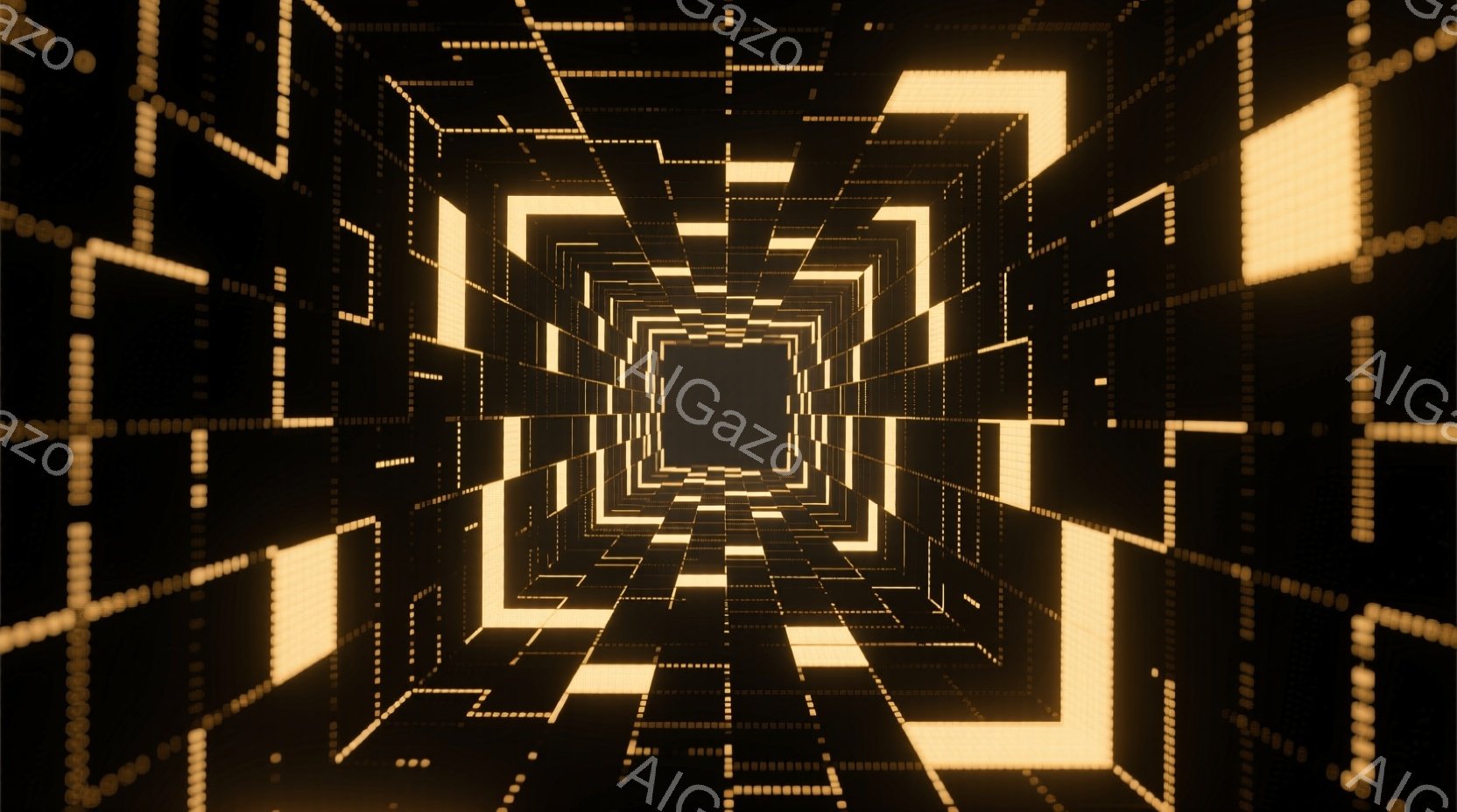 画像は、無数の光る四角形で構成された無限に続くトンネルを描いています。光はトンネルの奥へと収束し、奥行きと無限の感覚を作り出しています。全体的に、未来的で没入感のある、サイバーパンク的な雰囲気を醸し出しています。