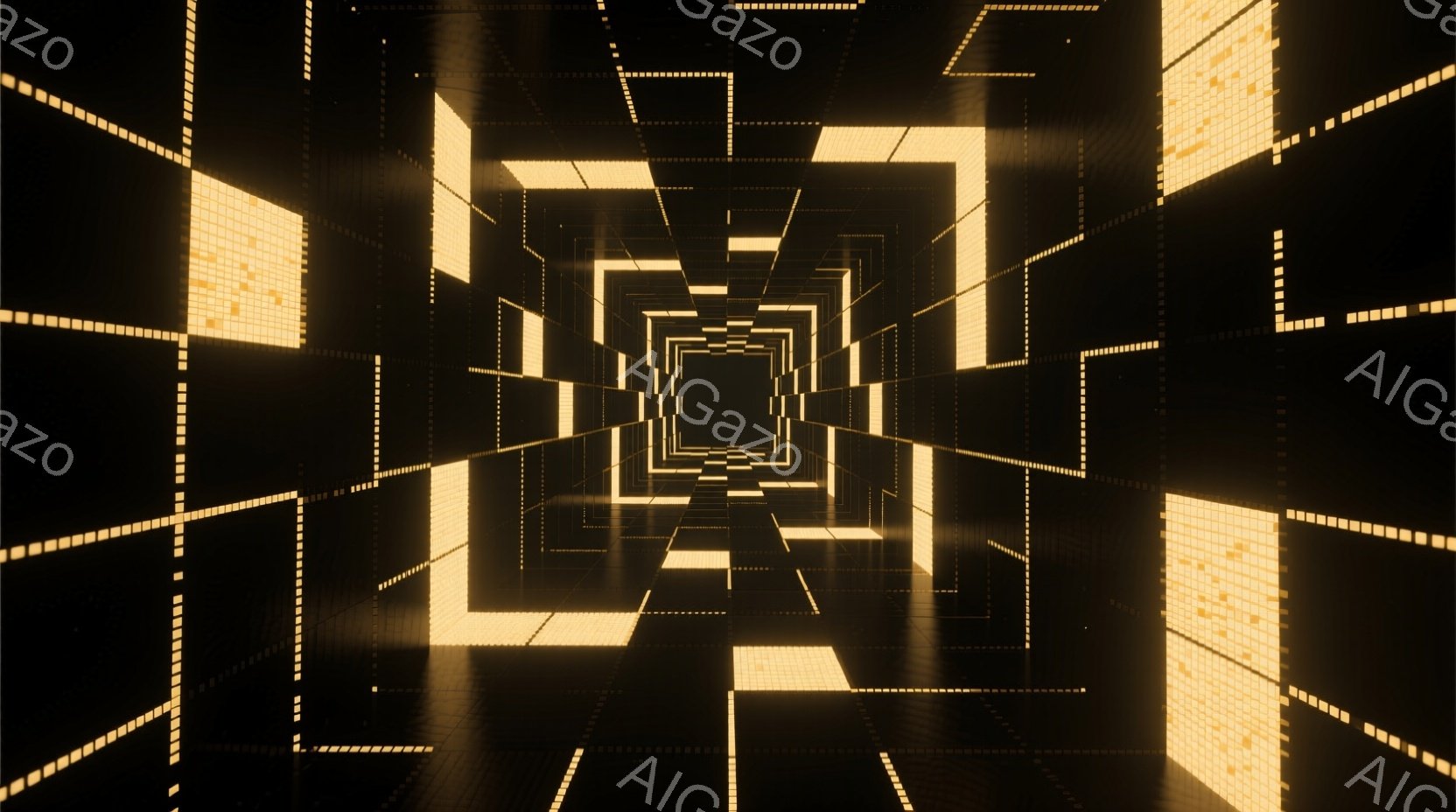 無数の光る正方形がトンネルのように無限に続く、未来的なデジタル空間が描かれている。各正方形はわずかに明るさや色味が異なり、奥行きと複雑さを生み出している。全体的に暗い背景と鮮やかな光のコントラストが、神秘的で没入感のある雰囲気を醸し出している。