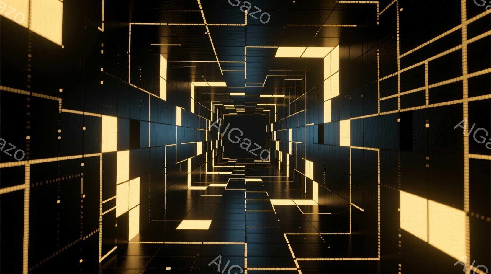 無限に続くような、光る四角形のトンネルが描かれている。壁面は黒を基調とし、規則的に配置された明るい黄色い四角形が遠近感を強調し、未来的な空間を作り出している。全体的に、幾何学的でスタイリッシュ、そして少し神秘的な雰囲気が漂っている。