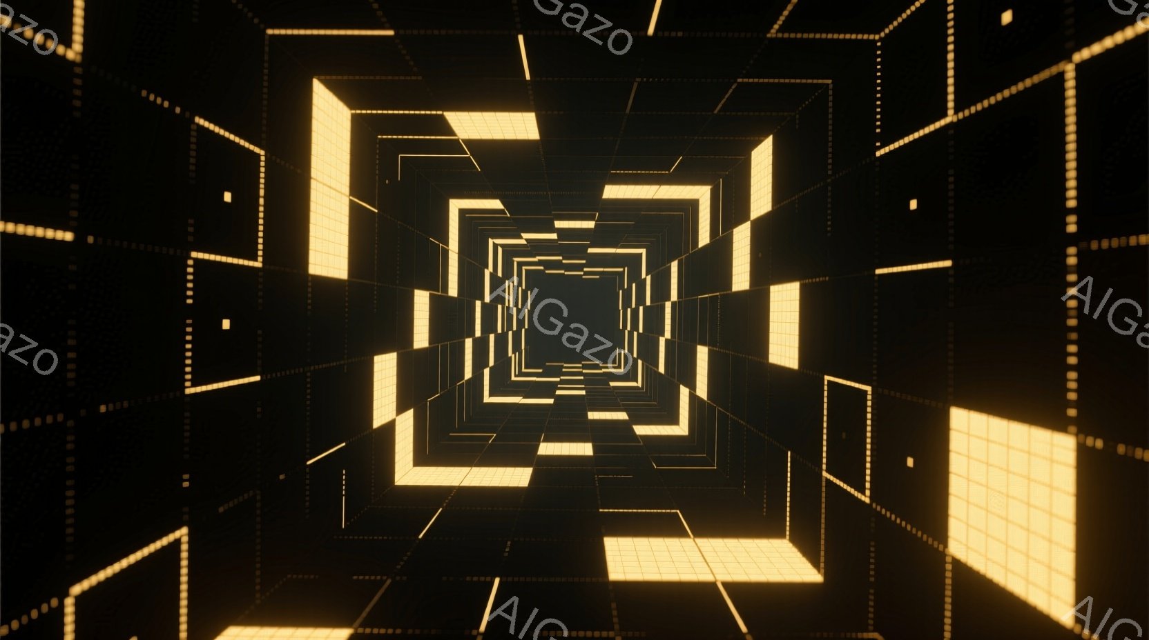 無数の光る正方形と長方形が、まるで無限に続くトンネルのような空間を構成している。これらの光は、黒い背景の中で鮮やかに輝き、奥行きと遠近感を強調している。全体として、未来的なデジタル空間や、抽象的な迷路のような雰囲気を感じさせる。