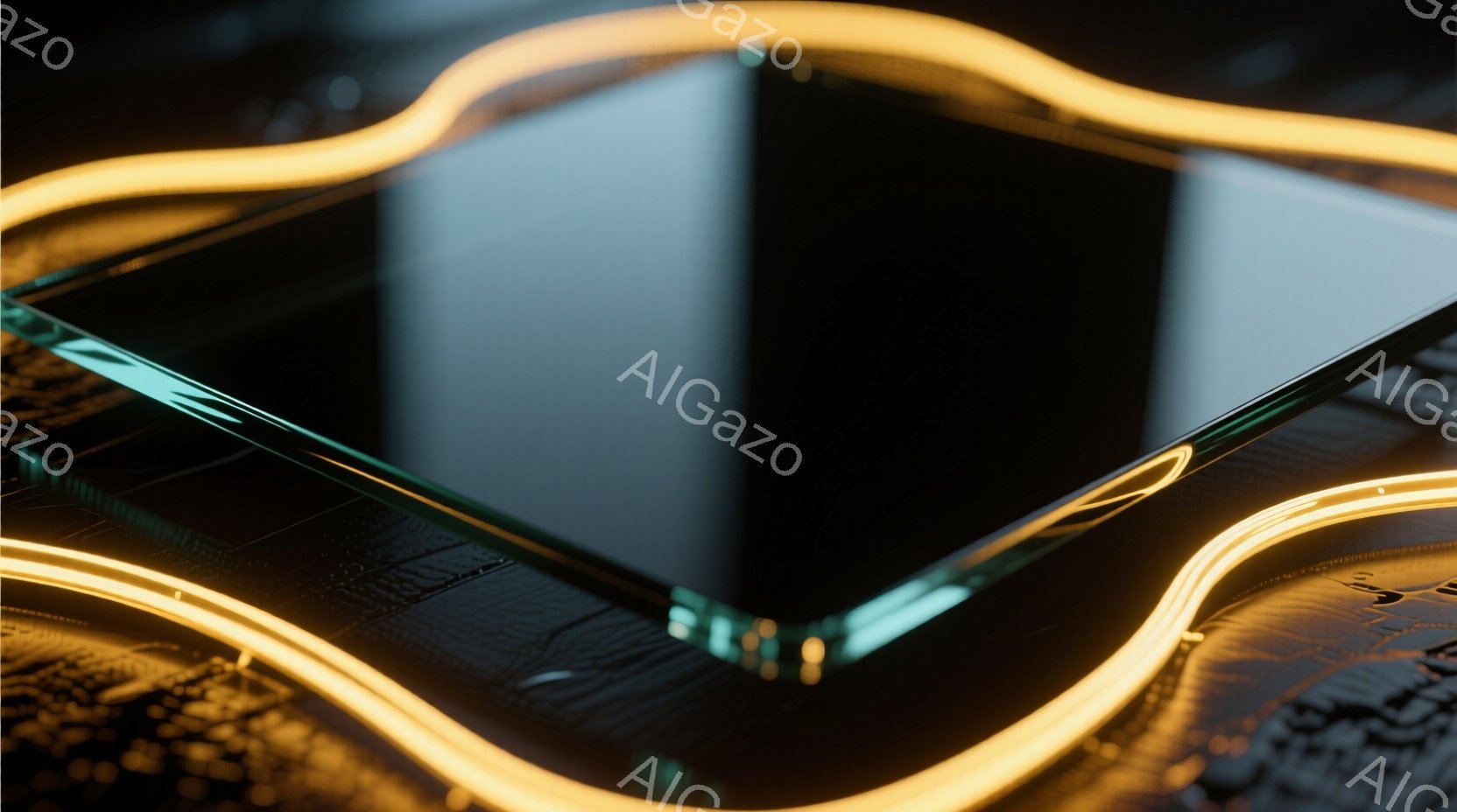 この画像は、複雑な回路基板を背景に、明るい黄色のネオンライトが描く抽象的な形状が特徴です。ネオンライトは基板の表面を照らし出し、未来的な印象を与えます。全体的に暗い色調の中に鮮やかな光が浮かび上がり、神秘的で技術的な雰囲気を醸し出しています。