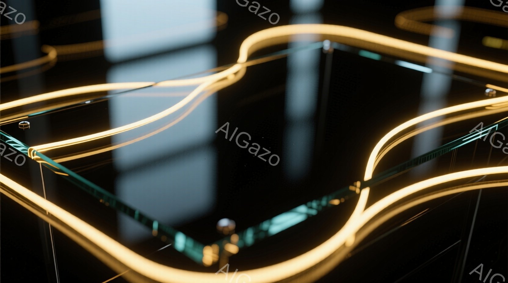 この画像は、暗い背景にネオンライトのような明るい黄色の線が複雑に絡み合っている様子を捉えた抽象的な表現です。光の線は滑らかで流動的であり、未来的なテクノロジーやエネルギーの流れを連想させます。全体的に洗練された、ミニマルでありながら印象的な雰囲気です。