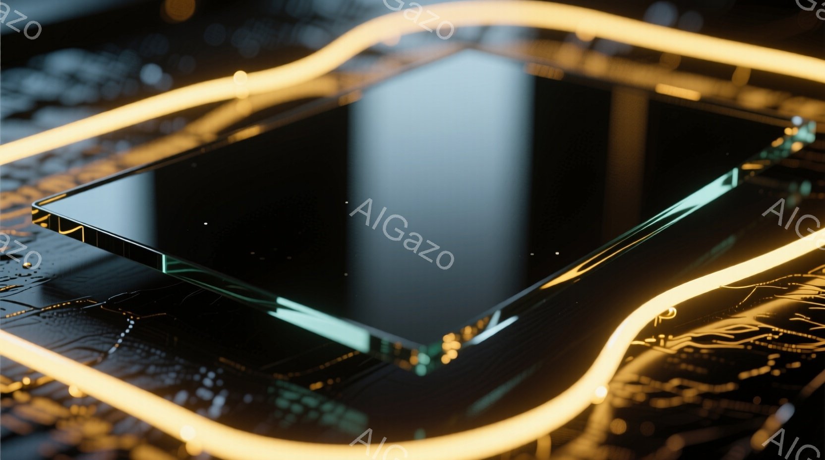 この画像は、回路基板の上に置かれたスマートフォンを捉えています。鮮やかな緑色のラインが回路を強調し、周囲を明るい黄色の光が囲んでいます。全体的に、ハイテクで未来的な雰囲気で、精密な電子機器の美しさを際立たせています。