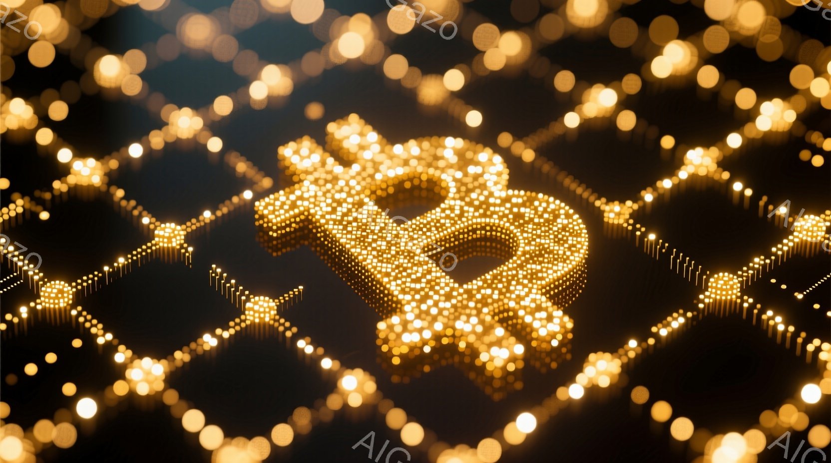 鮮やかな金色の光点が無数に集まって、ビットコインのシンボルを形成しています。そのシンボルは立体的に浮かび上がり、周囲の暗闇の中で強く輝きを放っています。背景には、同じ金色の光点が星のように散りばめられており、未来的なデジタル空間を想起させます。