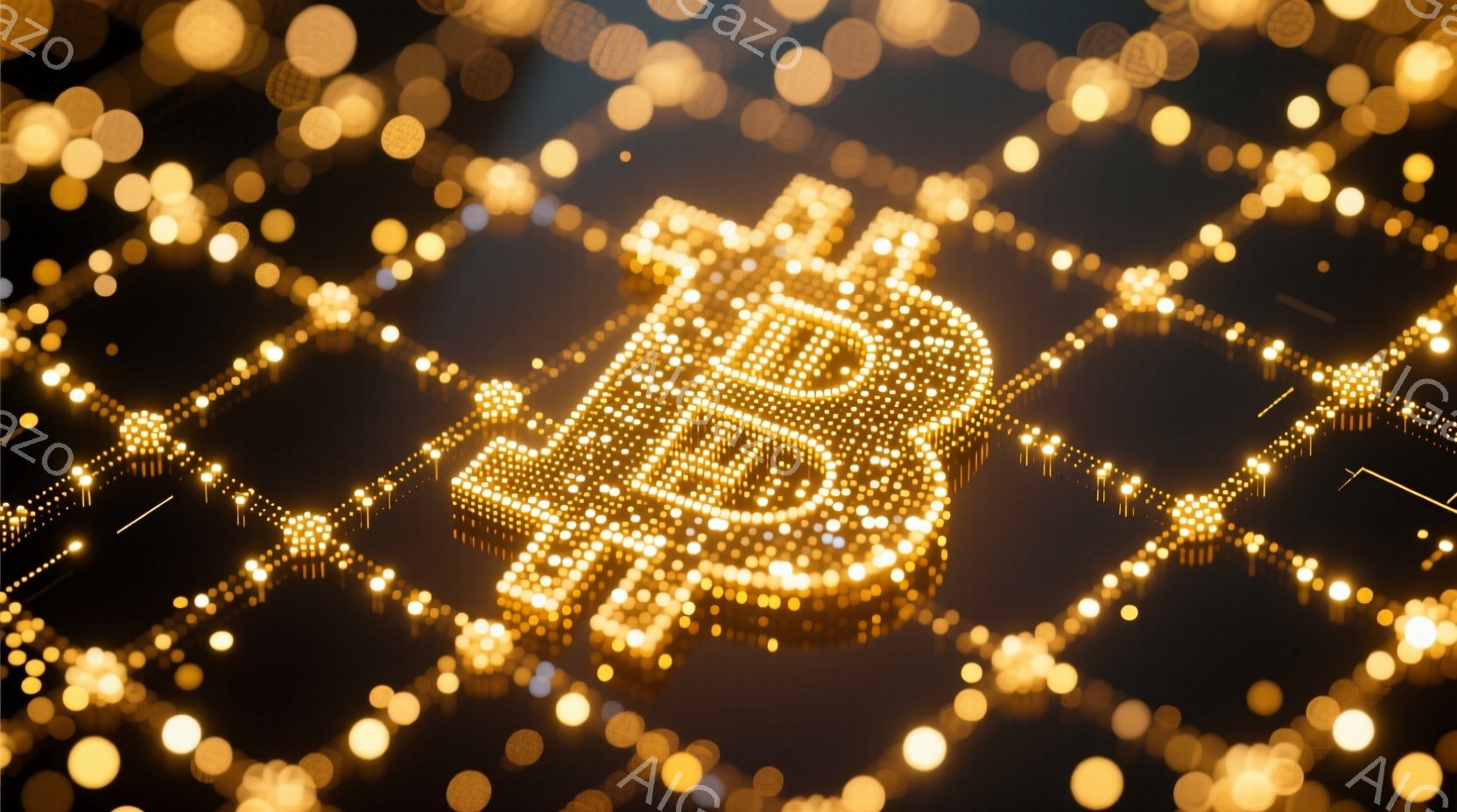 鮮やかな金色の光点が無数に並び、ビットコインのロゴを形作っています。ロゴは立体的なワイヤーフレーム構造で表現され、暗い背景の中で輝きを放っています。全体的に近未来的な雰囲気で、テクノロジーや金融を象徴するイメージです。