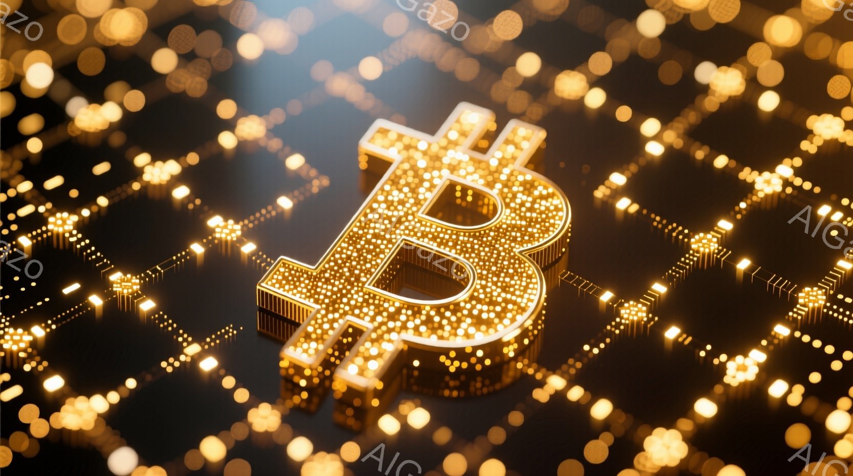 画像は、暗い背景に浮かび上がるビットコインのシンボルを捉えています。シンボルは、点在する光の粒子によって構成されており、立体感と未来的な印象を与えます。背景には、点滅する光の粒子が散りばめられており、デジタル通貨の不安定さと可能性を暗示するような、幻想的で技術的な雰囲気を醸し出しています。