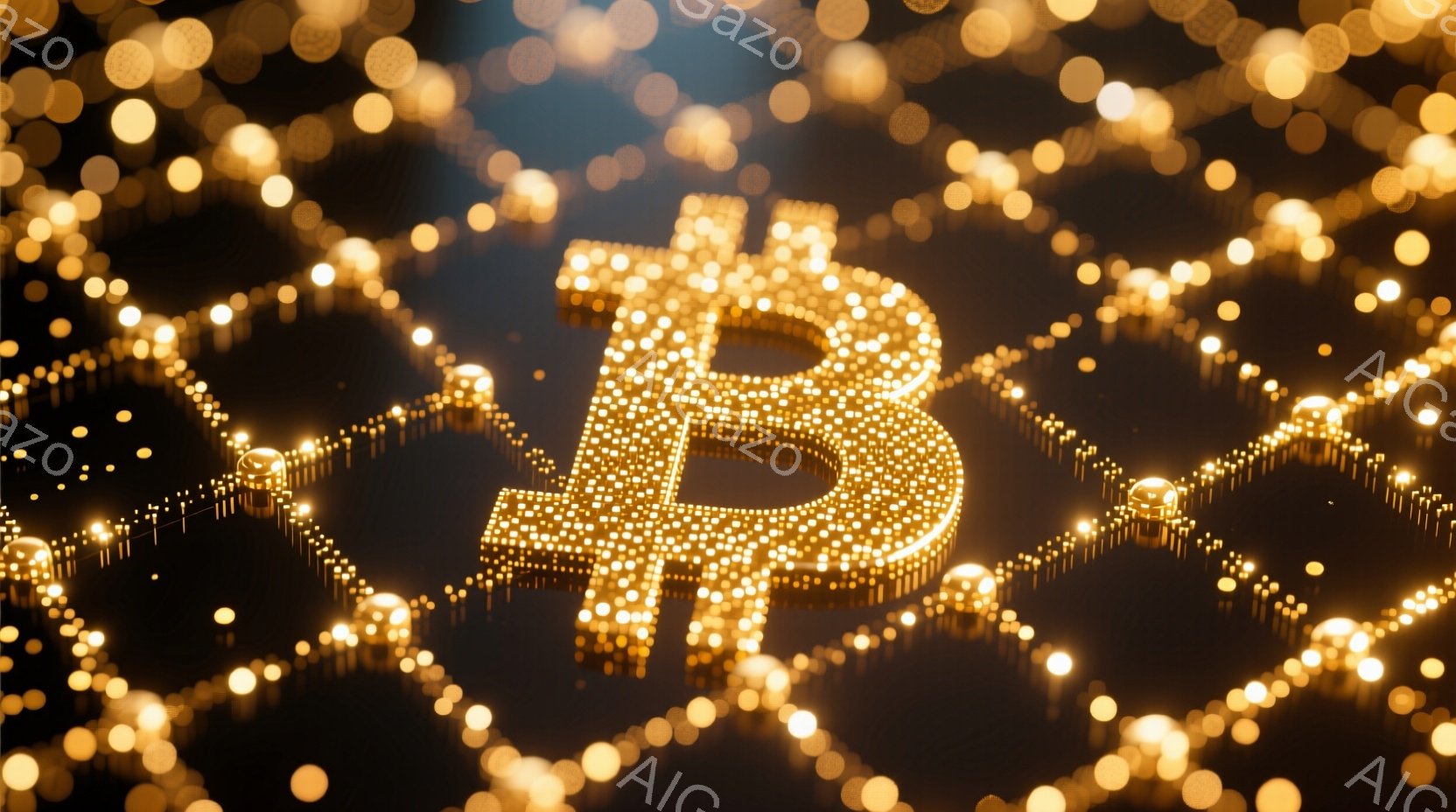 鮮やかな金色の光が散りばめられた暗い背景に、ビットコインのロゴが立体的に浮かび上がっています。ロゴは無数の小さな光点から構成されており、奥行きと輝きを強調しています。全体的に、未来的なテクノロジーと富の象徴を表現した、華やかで洗練された雰囲気です。
