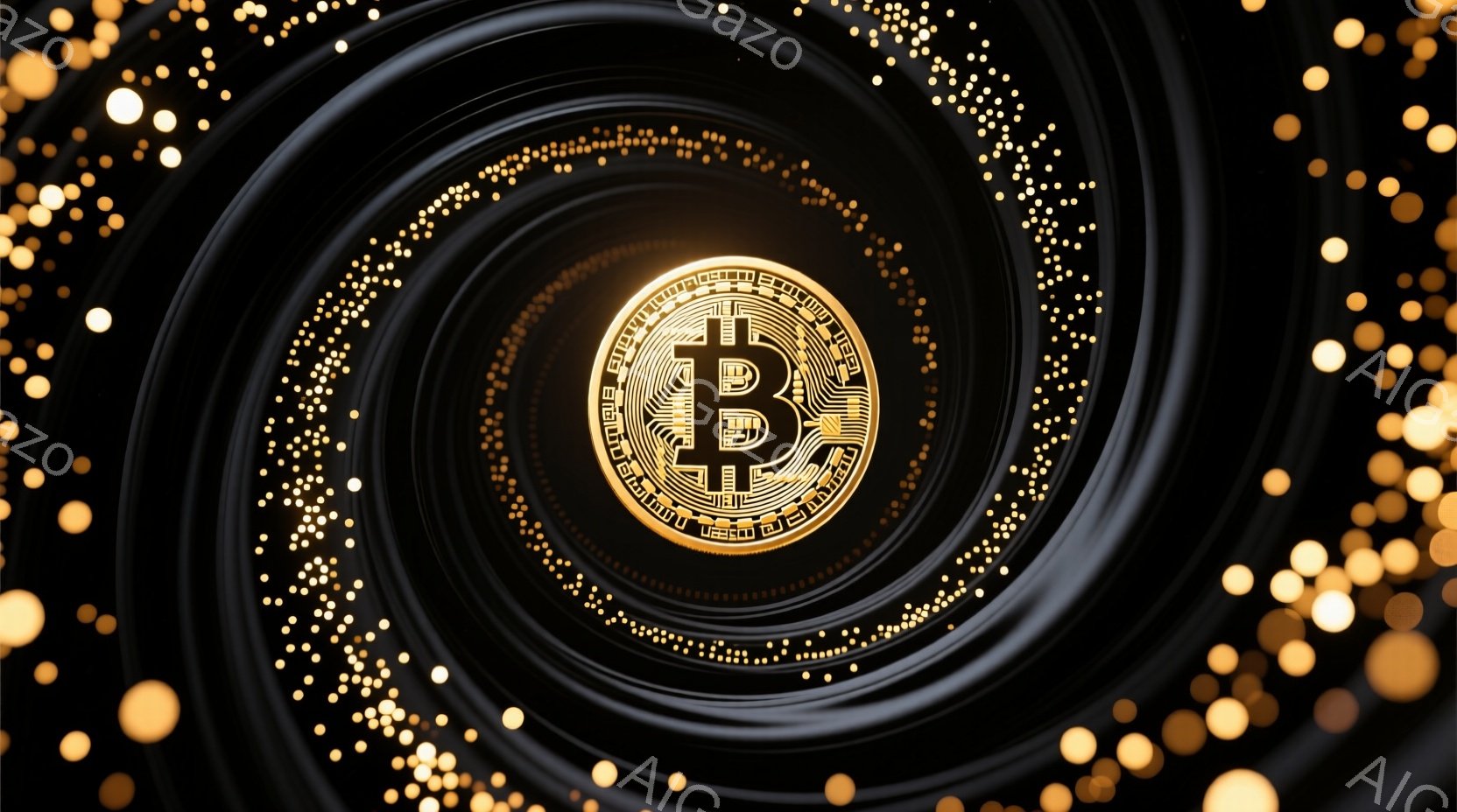 画像は暗い背景に、金色のビットコインマークが中心に配置され、渦巻く光の粒子で囲まれています。光の粒子は外側に広がり、中心のビットコインマークを強調し、奥行きのある視覚効果を生み出しています。全体的に、未来的なテクノロジーと金融の象徴を感じさせる、神秘的で魅力的な雰囲気です。