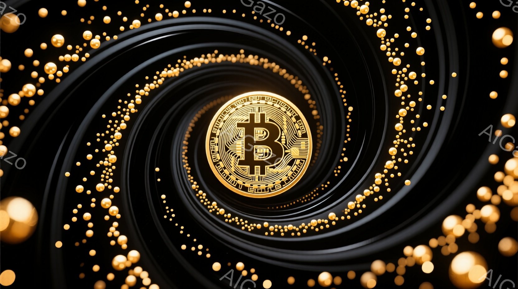 濃い黒色の渦巻きが画面の中心から放射状に広がっており、その中心には金色のビットコインマークが配置されている。渦巻きの周囲には、大小様々な金色の球体が散りばめられ、輝きを増している。全体的に、未来的なテクノロジーと富を象徴する、洗練された雰囲気を持つ抽象的な表現である。
