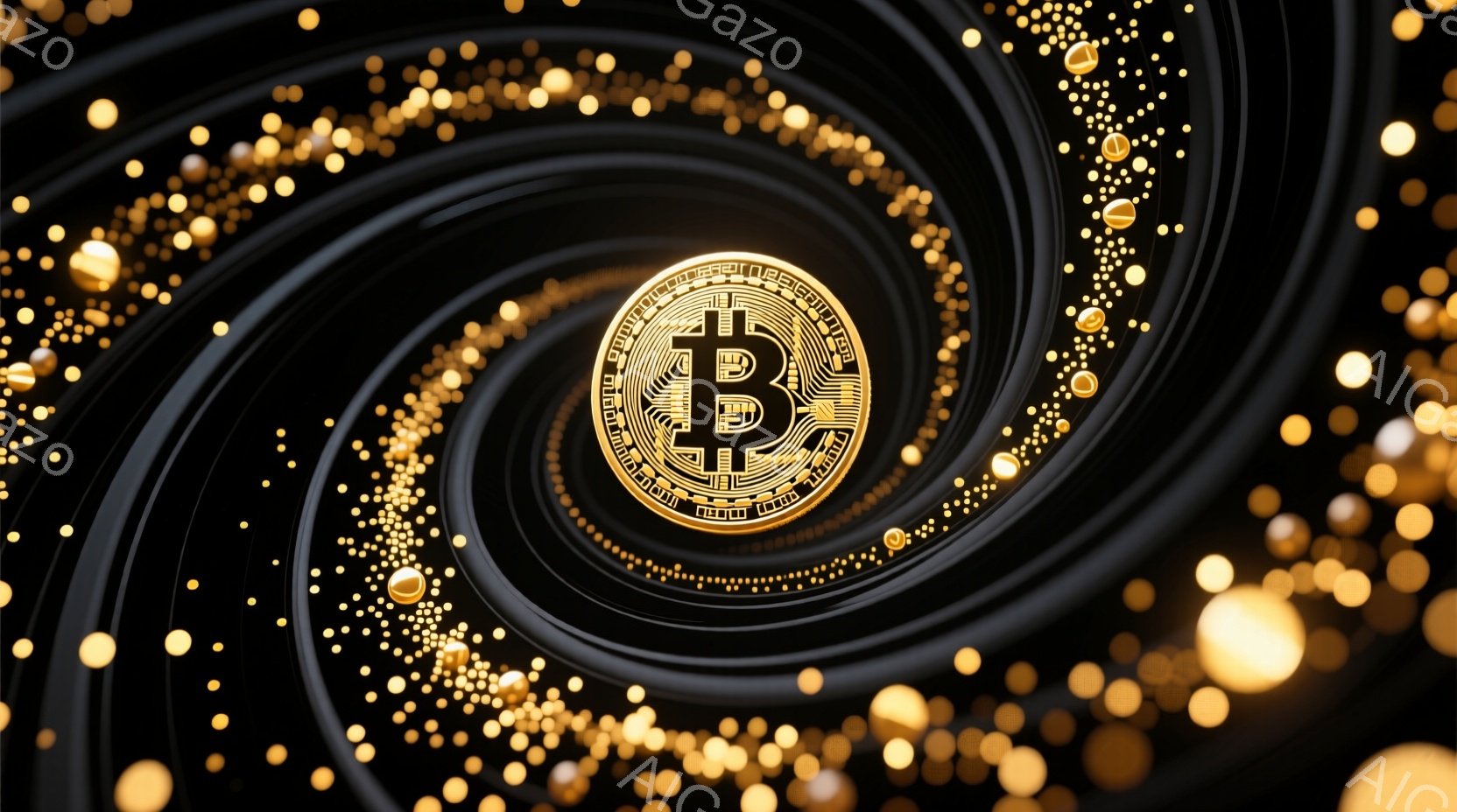 濃い黒色の渦巻きが背景に広がり、その中心には金色のビットコインのロゴが配置されています。渦巻きは、きらめく金色の光の粒子によって強調され、奥行きと動きを与えています。全体的に、洗練された、未来的な雰囲気を醸し出しており、デジタル通貨とテクノロジーを象徴する視覚的な表現となっています。