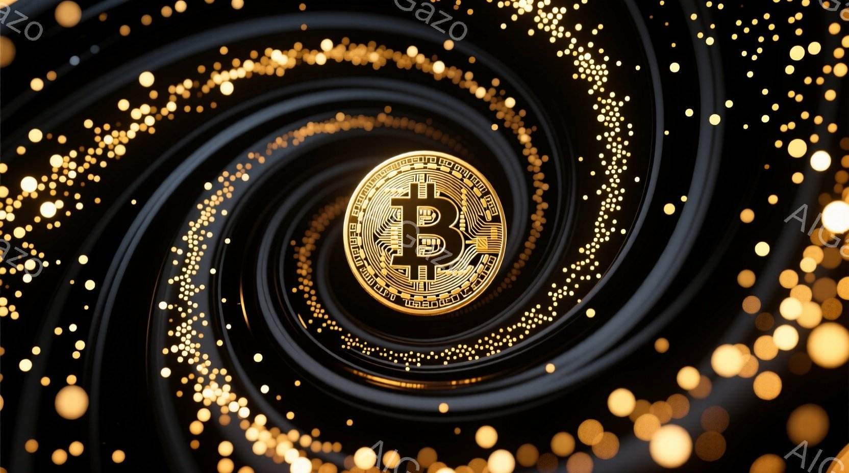 この画像は、暗い背景に金色のビットコインマークを中心とした渦巻き模様が描かれています。渦巻きは、まるで銀河のような輝きを放ち、周囲には小さな金色の光の粒子が散りばめられています。全体として、神秘的で未来的な雰囲気を醸し出しています。