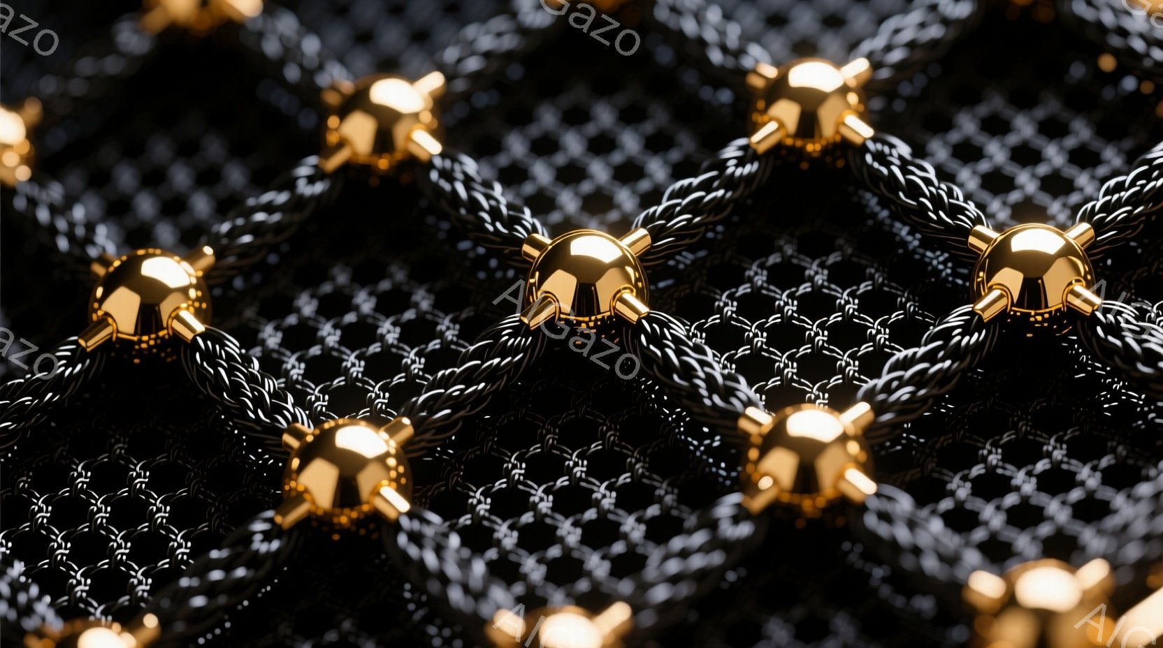 この画像は、黒い背景に金の接続部を持つ複雑な網目状の構造を示しています。網目は六角形が規則的に並んだもので、その接続部は光沢のある金で強調されています。全体的に、それは複雑な構造と豊かな素材感を表しており、宝石や装飾品の一部のようにも見えます。