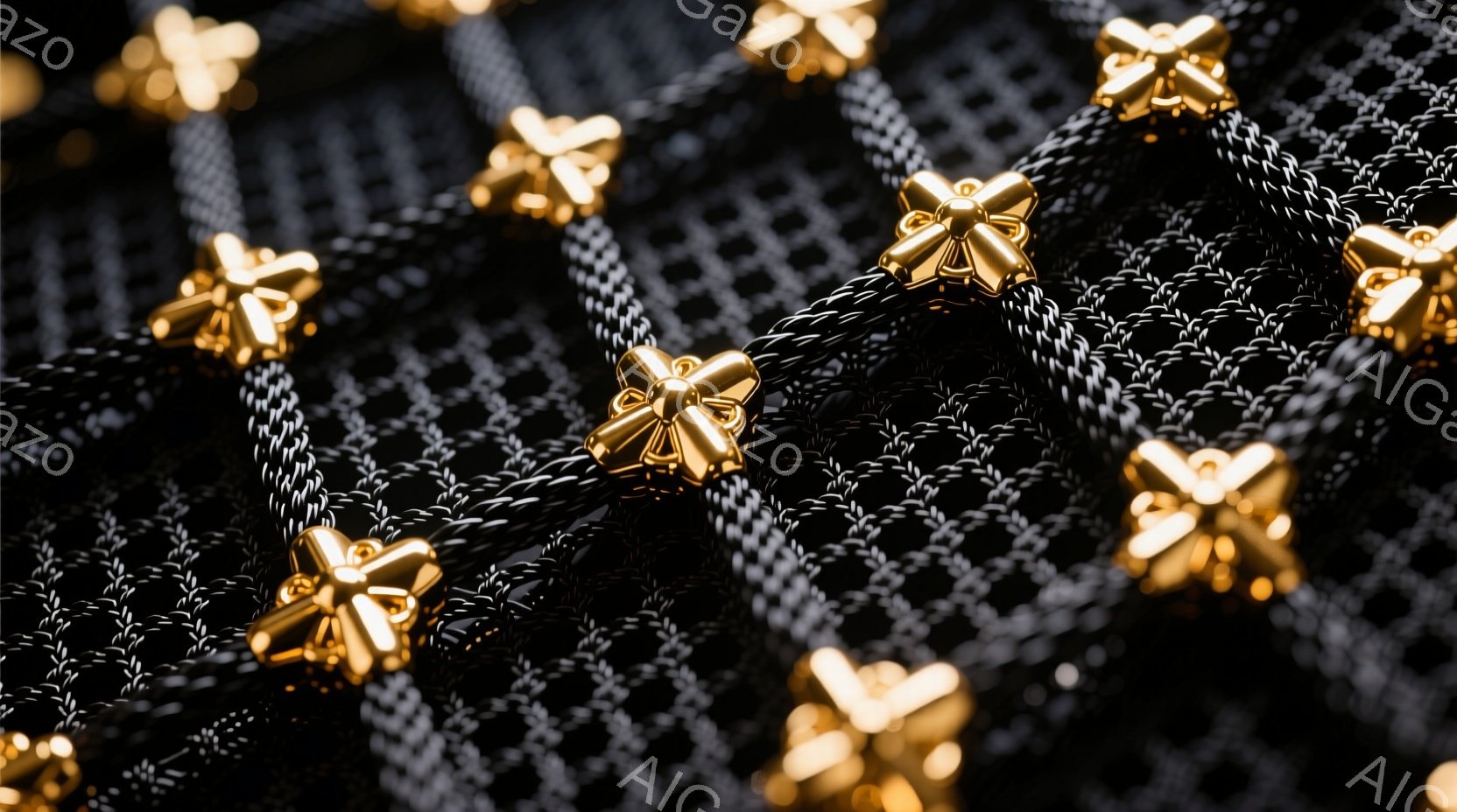 画像は黒地に白の細かい格子状の生地に、金色の小さな花のような装飾が規則的に並んでいる様子を捉えている。装飾は立体的に輝き、生地とのコントラストで高級感と繊細さを際立たせている。全体的に洗練された雰囲気で、ファッションアイテムの一部である可能性が高い。