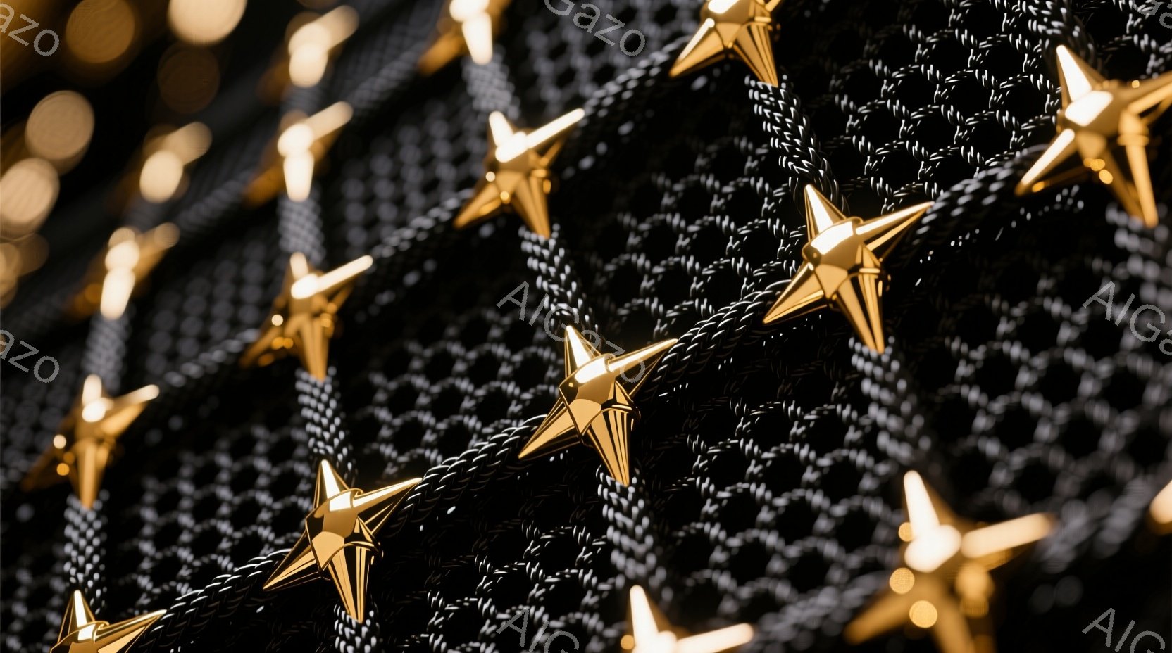 画像は、黒いニット素材に金色のスタッズが密集して付いたクローズアップです。スタッズは星形をしており、均等に配置されて光沢を放っています。背景は暗く、スタッズが際立っており、ファッションアイテムの質感とデザインを強調しています。