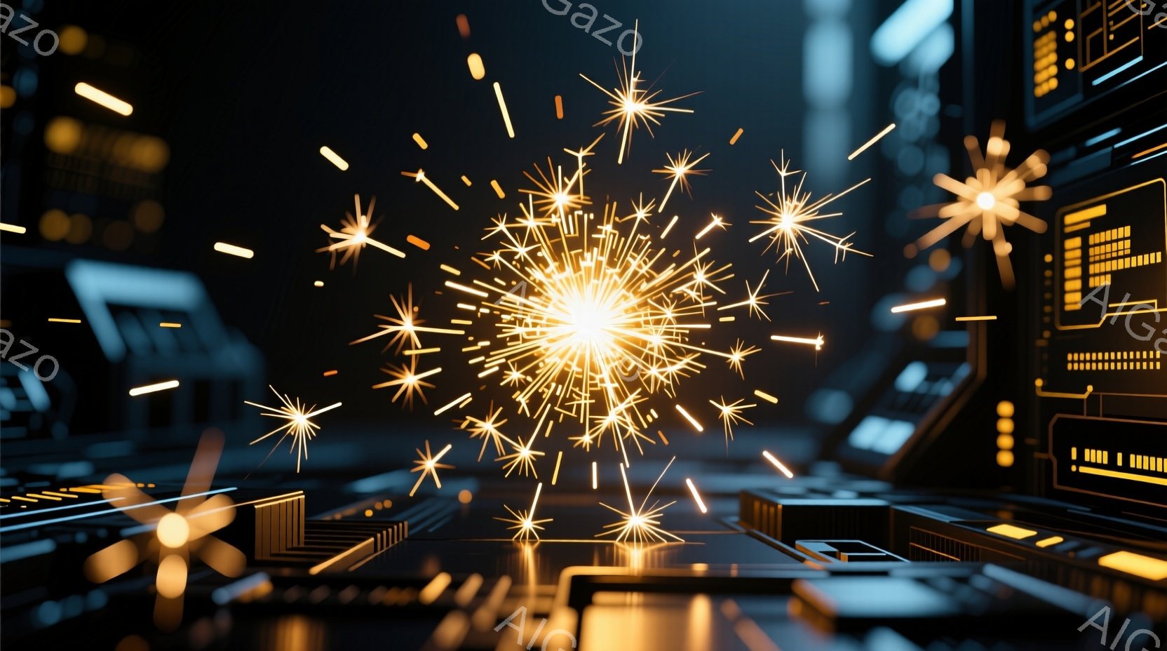 鮮やかな光の粒子が、複雑な電子回路のような背景の中で爆発している様子が捉えられています。回路は、青色と金色の光で照らされ、未来的な雰囲気を醸し出しています。光の粒子は、まるでデジタルな花火のように、様々な方向に拡散しており、高技術とエネルギーを感じさせます。