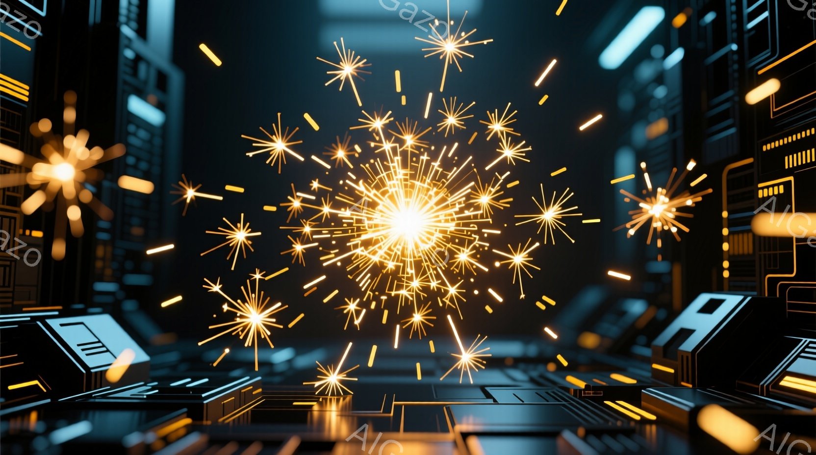 鮮やかなオレンジと黄色の光の粒子が、暗い背景の中で放射状に広がっている様子が描かれている。基板のような複雑な構造物が下部に存在し、未来的な都市景観を思わせるデザインが背景に見える。全体的に、テクノロジーとエネルギーが融合した、ダイナミックで活気のある雰囲気である。