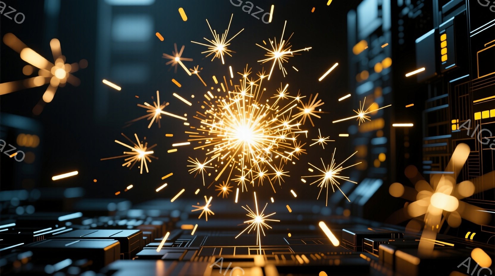 この画像は、暗い背景に金色の光の線や星屑のような輝きが飛び交う様子を捉えています。下部には、電子回路のような構造物が配置されており、未来的な都市の内部や、デジタル空間を連想させます。全体的に、テクノロ - AI生成フリー素材