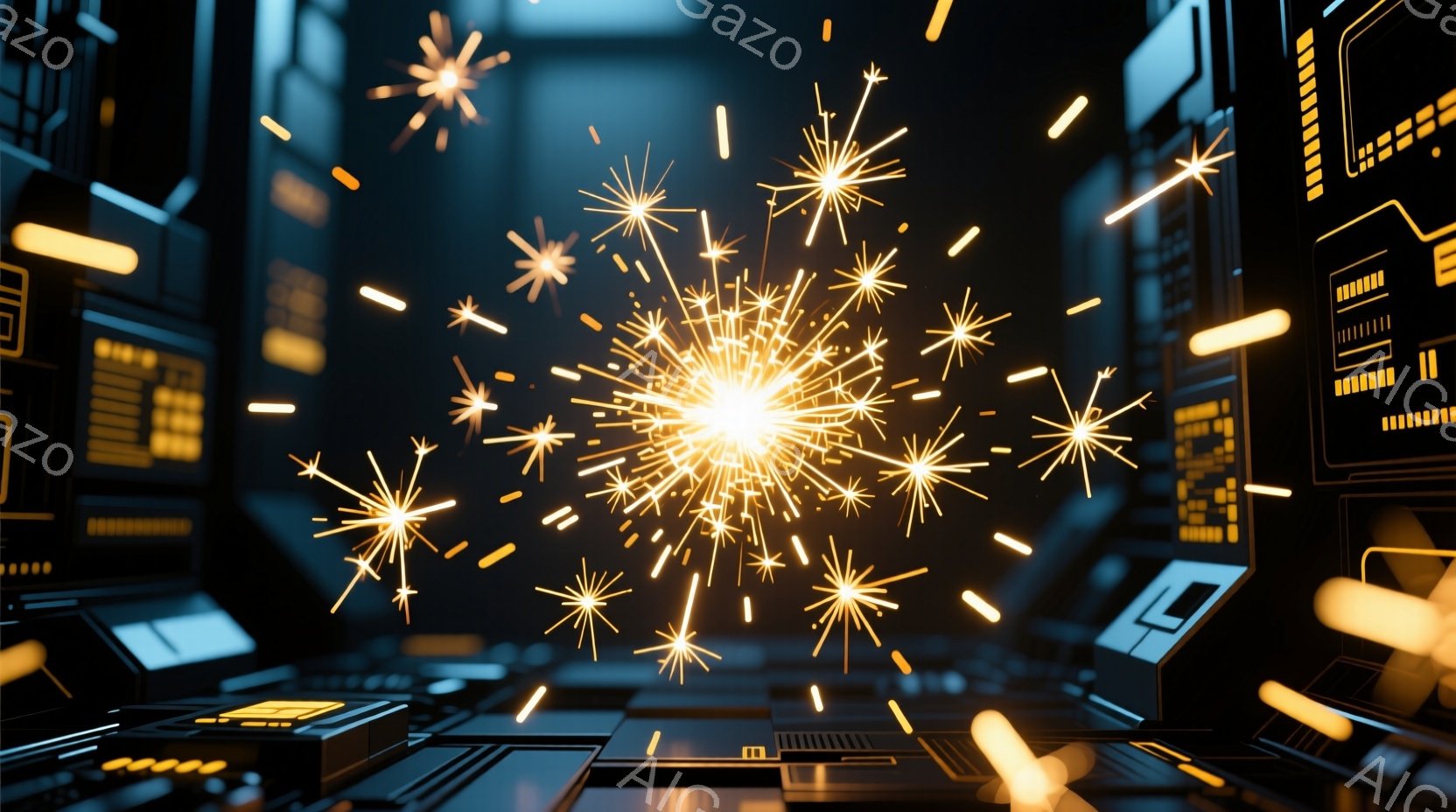 鮮やかな金色の光の粒子が空間全体に散りばめられており、中心から放射状に広がる様子が印象的です。背景には未来的なデザインの構造物が確認でき、暗闇の中で光るラインやパネルが、高科技な雰囲気を強調しています。全体的に、エネルギーが解放される瞬間を捉えた、ダイナミックで神秘的なイメージです。