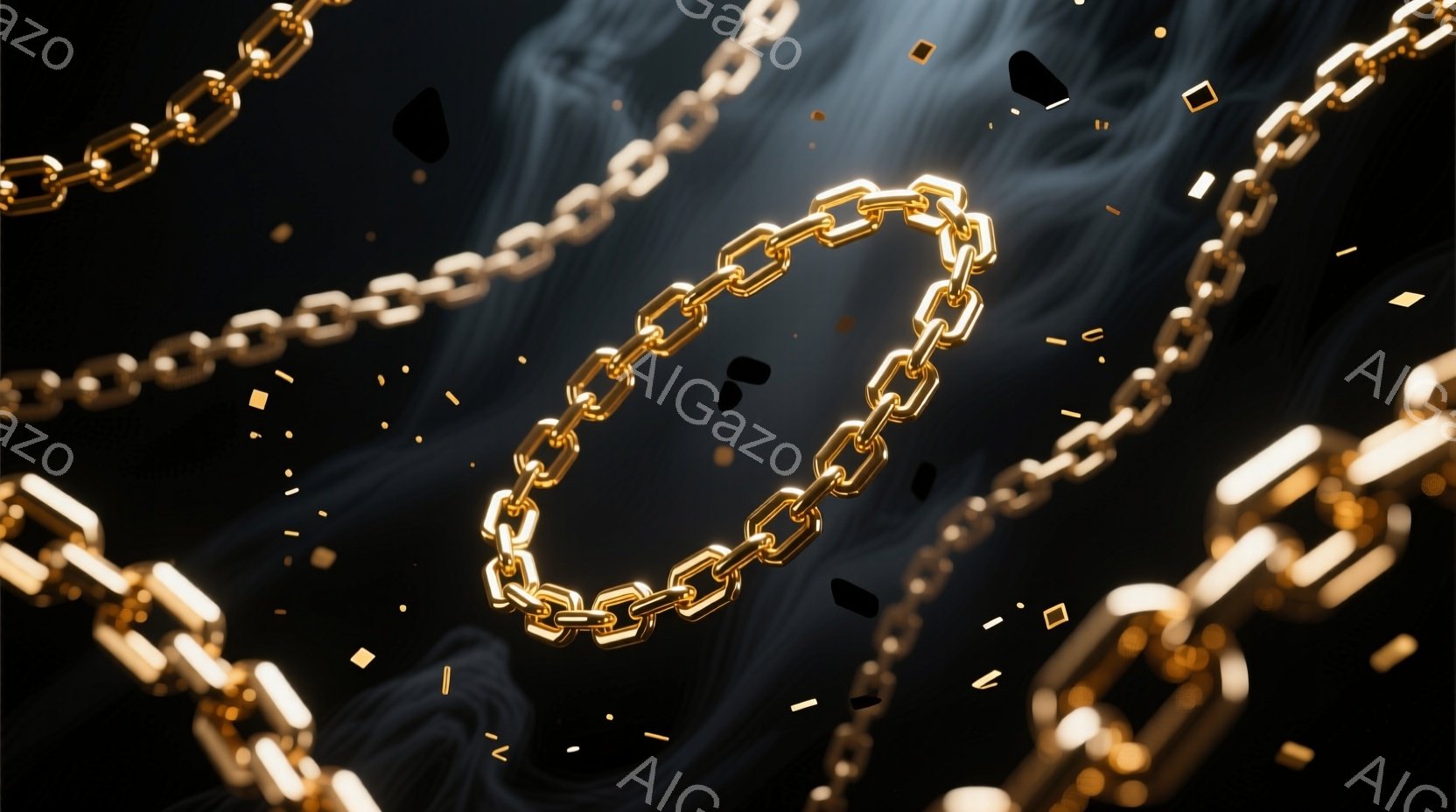 漆黒の背景に、金色のチェーンが空間を飛び交う様子が捉えられています。チェーンは光沢があり、まるで流動的なオブジェのようです。背景には抽象的な暗い模様がぼんやりと見え、チェーンの輝きを際立たせています。