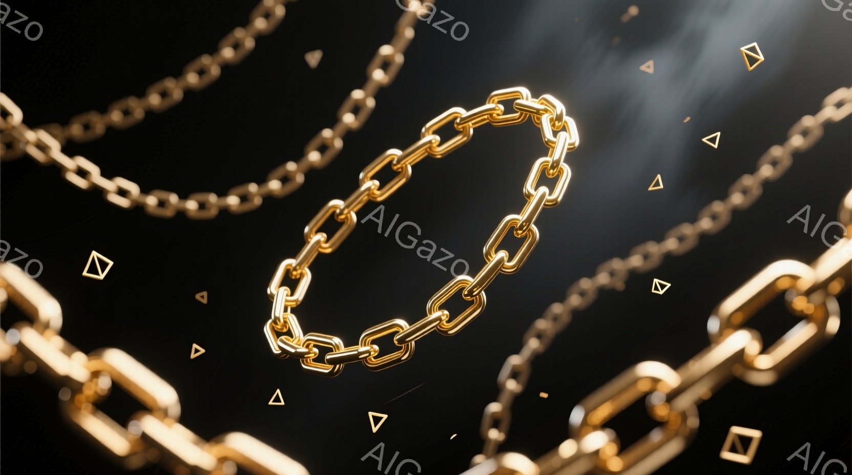 画面には、金のチェーンが複数、暗い背景に浮かび上がっています。チェーンは様々な太さで、光沢があり、まるで空中に舞っているかのように配置されています。背景には小さな金色の三角形が散りばめられており、高級感と躍動感を高めています。