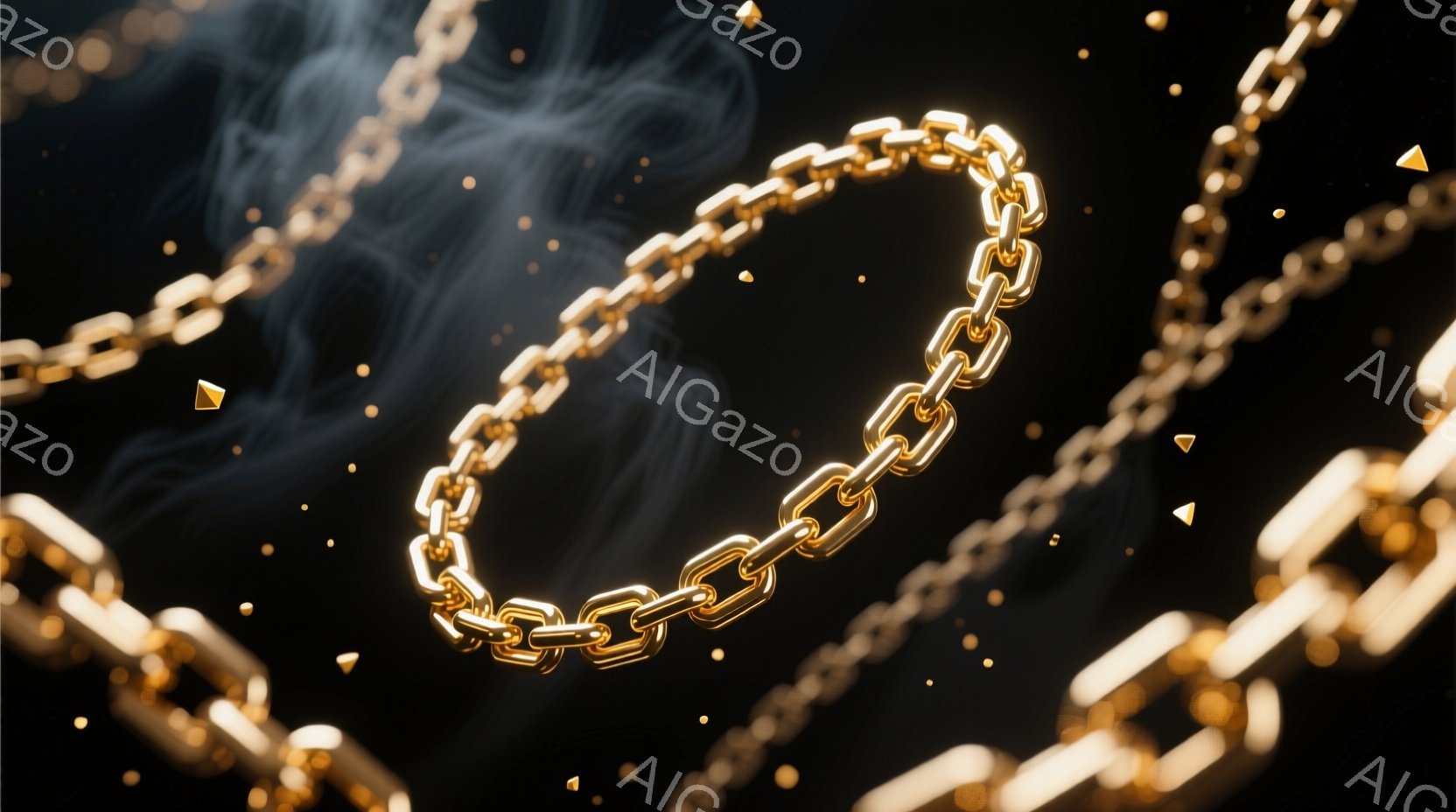 鮮やかな金色のチェーンが、暗闇の中に浮遊している様子が描かれている。チェーンは太く、光沢があり、背景にはかすかな煙のようなものが漂っている。全体的に高級感とミステリアスな雰囲気が漂う作品である。