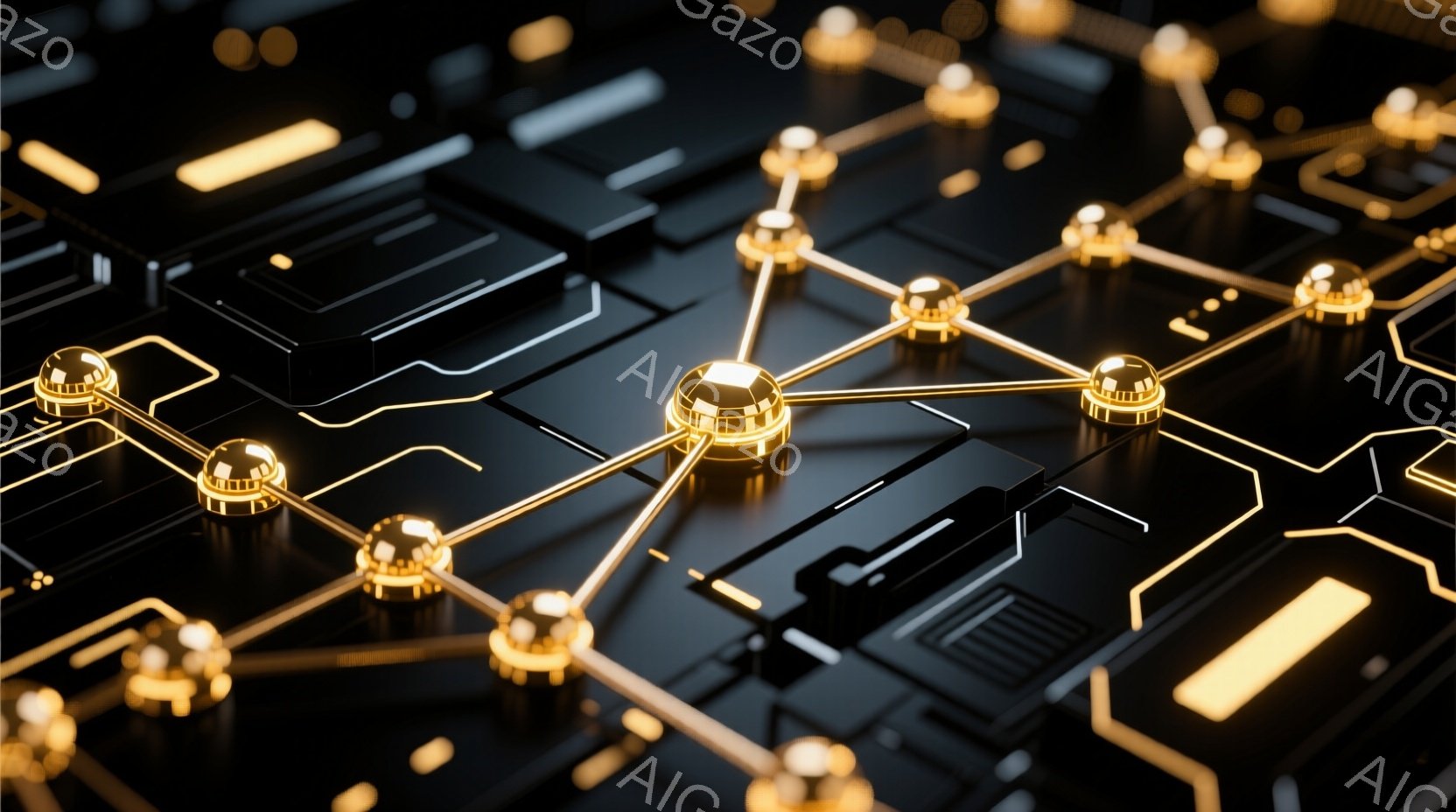 漆黒の背景に金色の線と球体が複雑に絡み合い、まるで回路基板のようなパターンを形成しています。球体は光を反射し、立体感と未来的な印象を与えます。全体として、テクノロジー、ネットワーク、そして接続性を象徴する抽象的なイメージです。