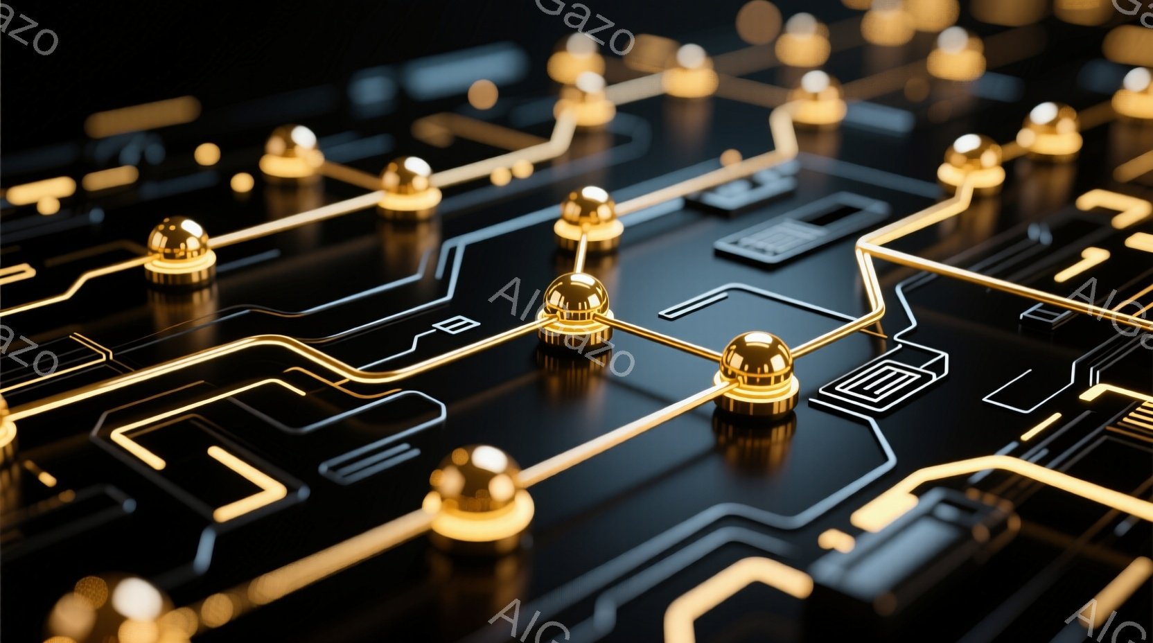 黒い背景に金色の回路が複雑に張り巡らされた画像です。金色の球体が回路の一部として配置され、光沢があり未来的な印象を与えます。回路線は精密で、テクノロジーや電子機器の内部構造を連想させるデザインです。