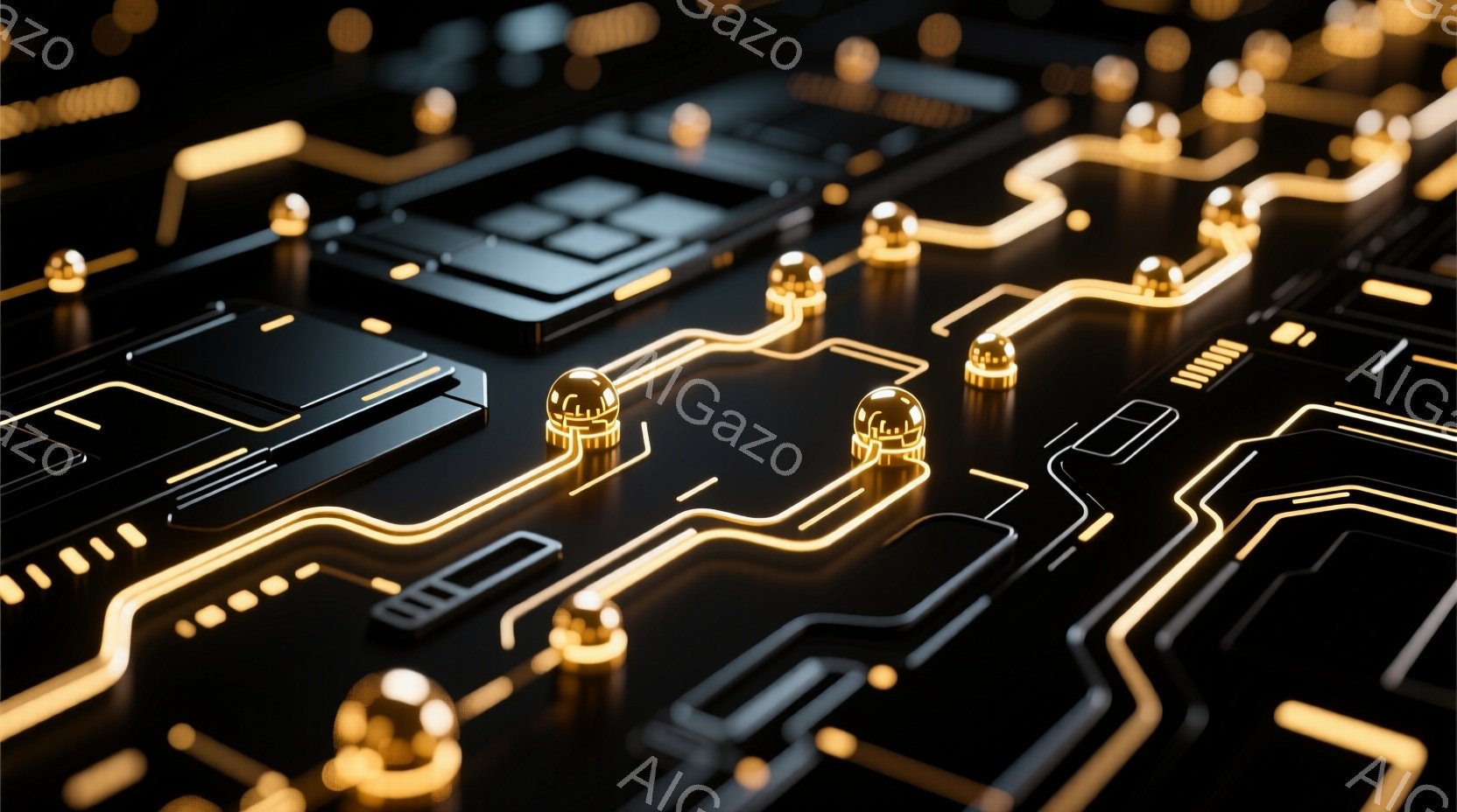 黒い基盤上に金色の配線が複雑に走っており、小さな球体状のコンポーネントが点在している様子が描かれている。配線は未来的な回路パターンを形成しており、全体的にテクノロジーと精密さを感じさせる光景だ。背景は暗く、配線の金色が際立ち、洗練された印象を与える。