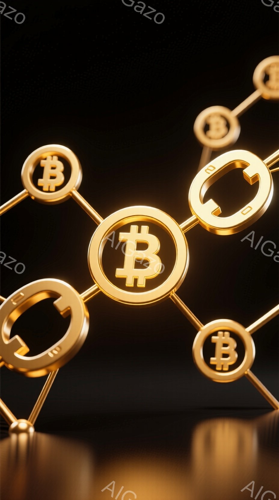 この画像は、暗い背景に浮かび上がる金色のビットコインのネットワークを表しています。ビットコインのシンボルが円状に接続され、光沢のある反射面が下の表面に映り込んでいます。全体的に、富、デジタル通貨、そして現代金融の概念を象徴する、洗練された、高級感のある雰囲気が漂っています。