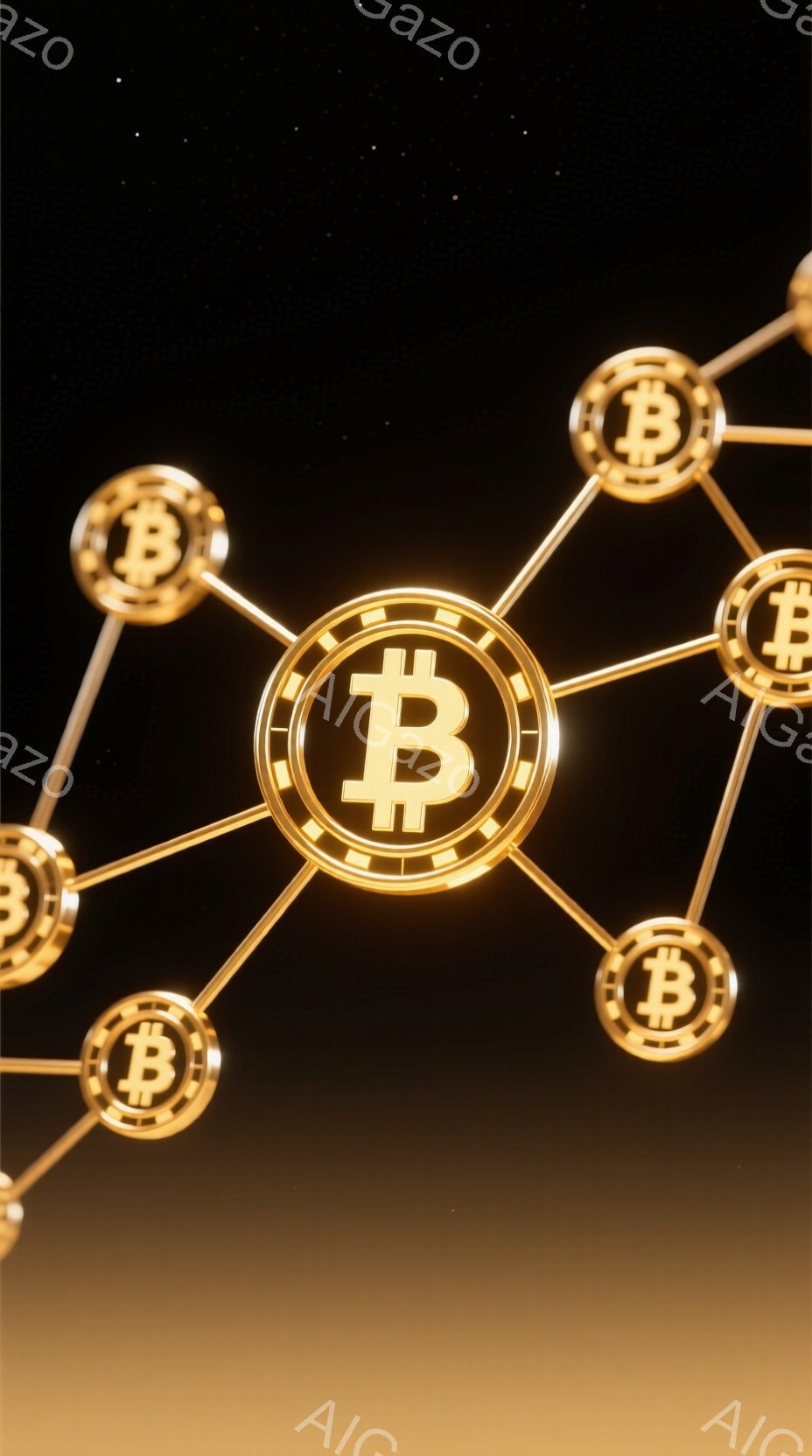この画像は、暗いグラデーション背景に輝くビットコインのアイコンがネットワーク状に配置されたものです。中央には大きく鮮やかなビットコインマークが浮かび上がり、周囲をより小さなアイコンが繋いでいます。全体的に金色と黒を基調とした、テクノロジーと富を象徴するような印象を与えます。