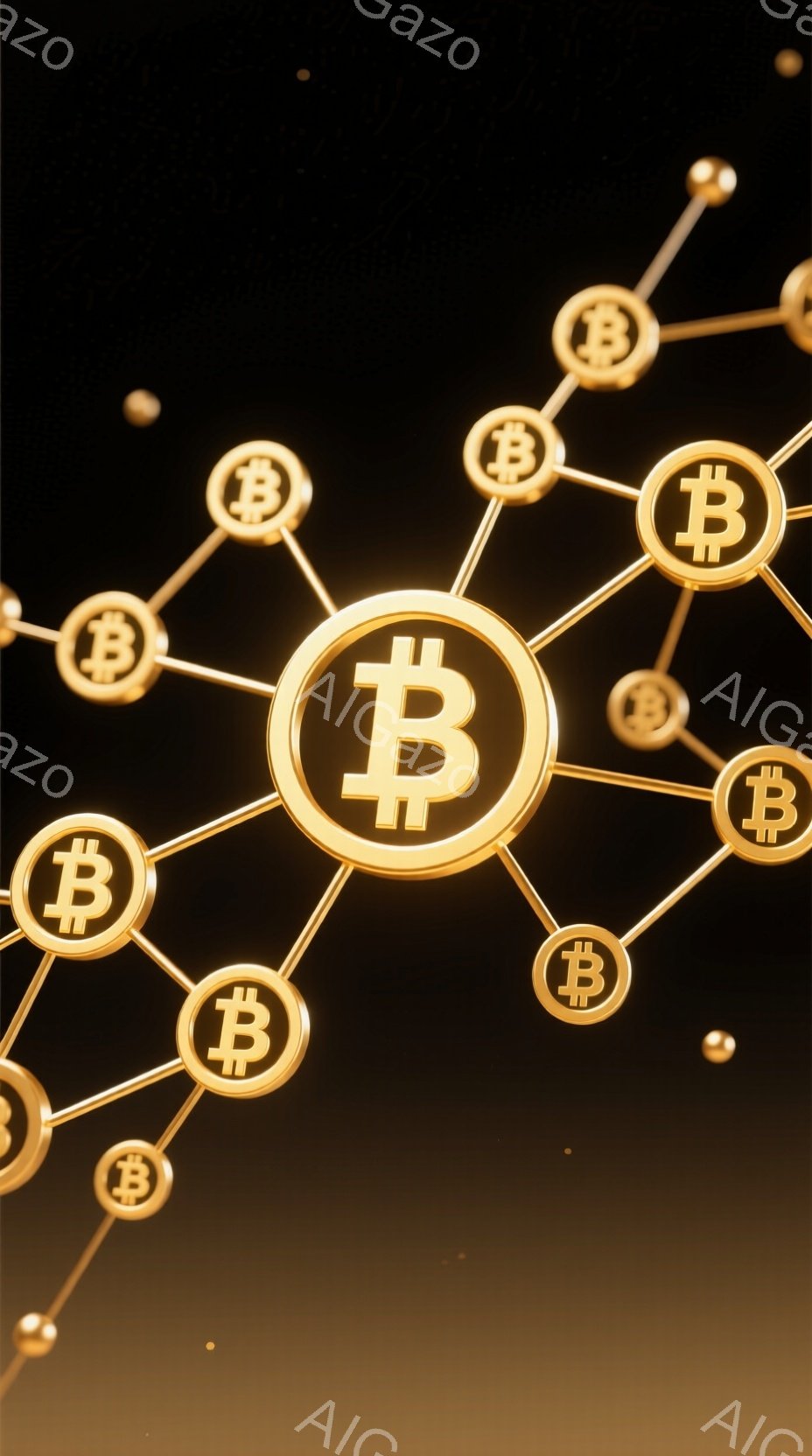 濃い黒色の背景に、金色のビットコインのアイコンがネットワーク状に配置されています。アイコンは光沢があり、それぞれのアイコンが細い線で繋がって、まるでデジタル通貨の繋がりを表しているかのようです。画面下部にはグラデーションがかかり、全体的に高級感と未来的な雰囲気を醸し出しています。