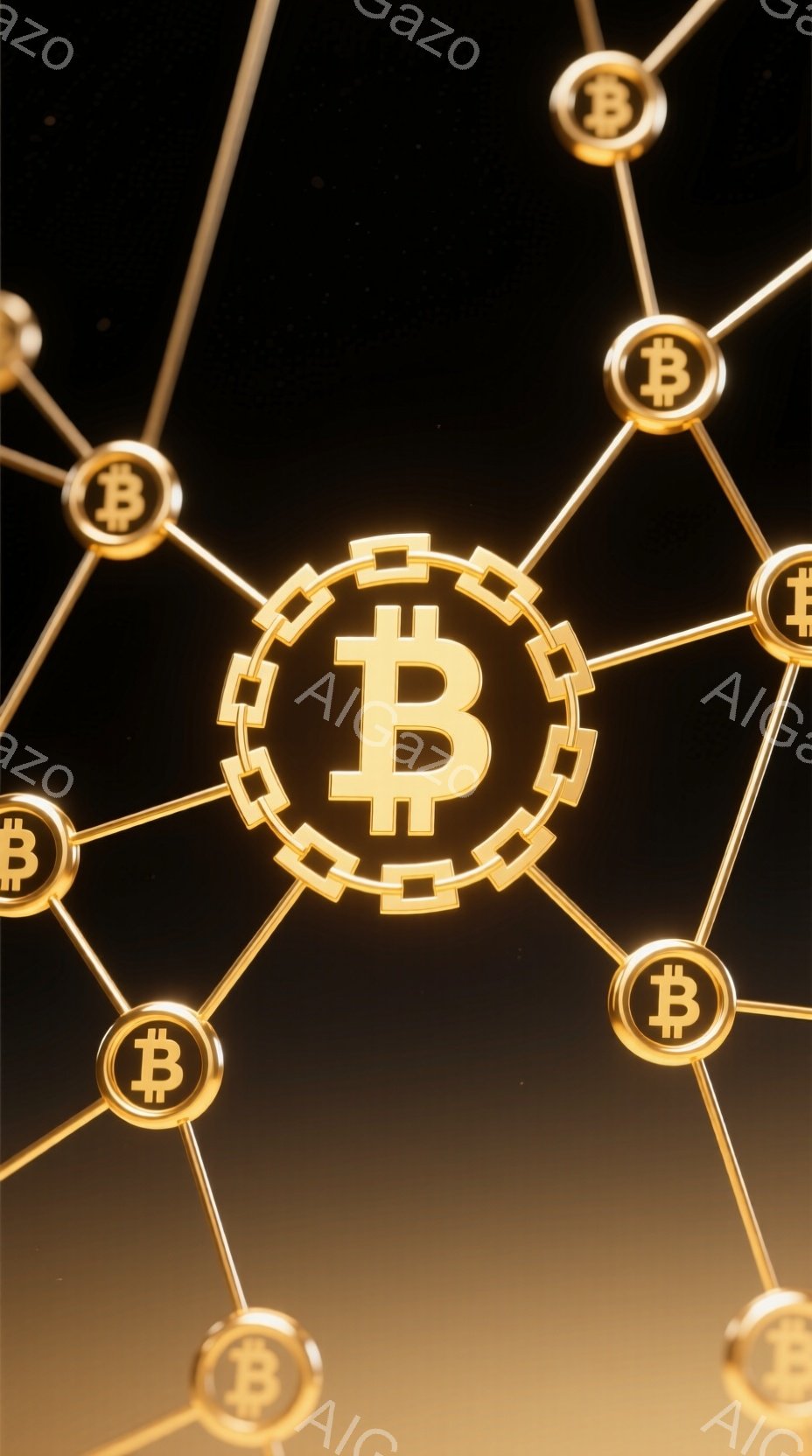 画像は、暗い背景に輝く金色のビットコインのシンボルが多数配置されたものです。中央には特に大きく、複雑な装飾が施されたビットコインが強調されており、他の小さなビットコインが繋がって配置されています。 全体的に豪華で、富とデジタル通貨の未来を想起させる雰囲気です。