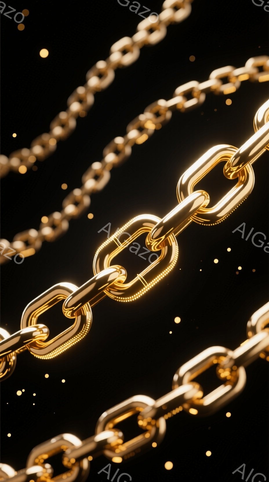 画像は、光沢のある金色のチェーンが複数、黒い背景に浮かび上がっている様子を捉えています。チェーンはねじれながら重なり合い、光の反射が強調されています。全体的に豪華で洗練された印象を与えるとともに、わずかに散りばめられた光の粒子が神秘的な雰囲気を醸し出しています。