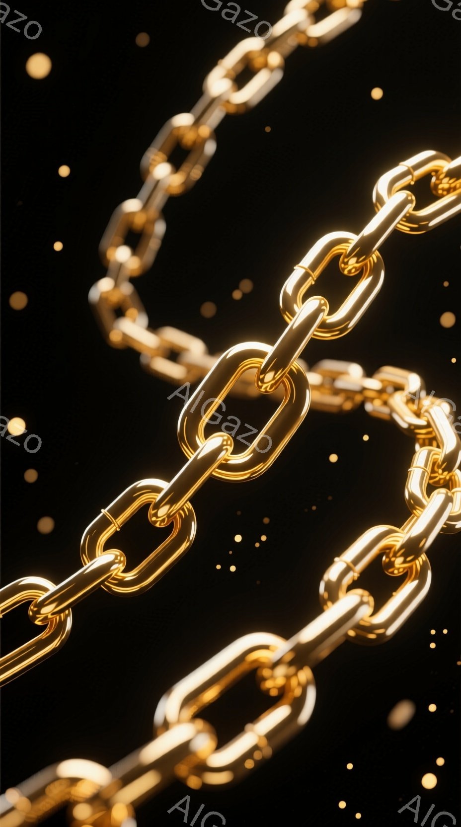 鮮やかなゴールドのチェーンが、黒い背景の中で印象的に浮かび上がっています。チェーンは光沢があり、まるで宝石のように輝き、周囲には小さな光の粒子が舞っています。全体的に豪華で洗練された雰囲気であり、高級 - AI生成フリー素材