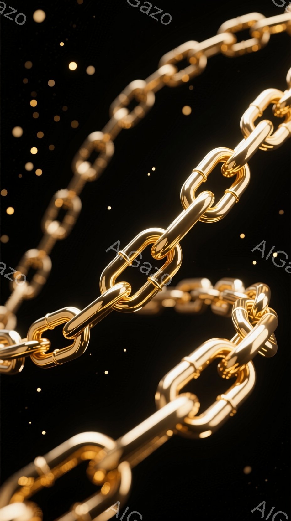 鮮やかな黄金色のチェーンが、黒色の背景に浮かび上がっています。チェーンは光沢があり、屈折して光を反射しており、背景には細かい金の粒子が散りばめられています。 全体的に高級感があり、洗練された雰囲気を醸 - AI生成フリー素材