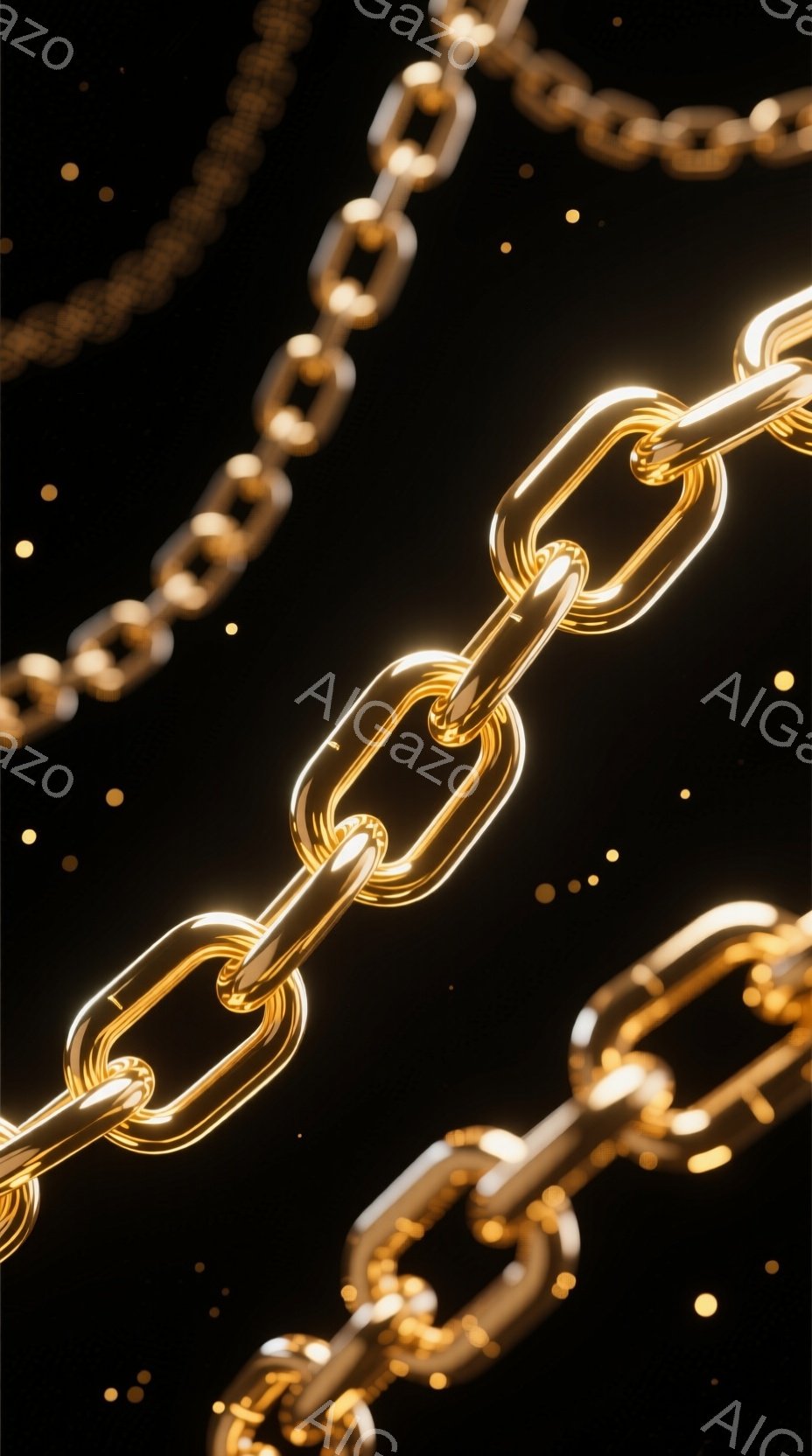 黄金色の金属製のチェーンが黒い背景に斜めに配置されており、光沢があり、各リンクが光を反射している。チェーンはフォーカスが合っており、背景には小さな金色の粒子が散らばっているように見える。全体的に高級感があり、洗練された雰囲気である。