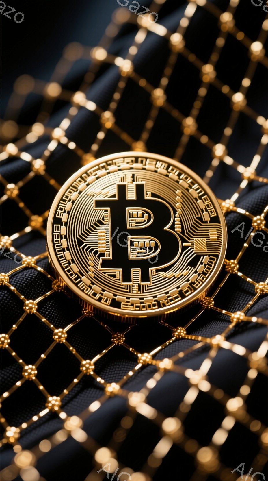 鮮やかな金色のビットコインが、黒い宝石のような模様が施された生地の上に置かれています。生地は細かい網目状のテクスチャで覆われており、コインの輝きを強調しています。全体的に高級感があり、暗号通貨の価値とテクノロジーの融合を表現しているような雰囲気です。