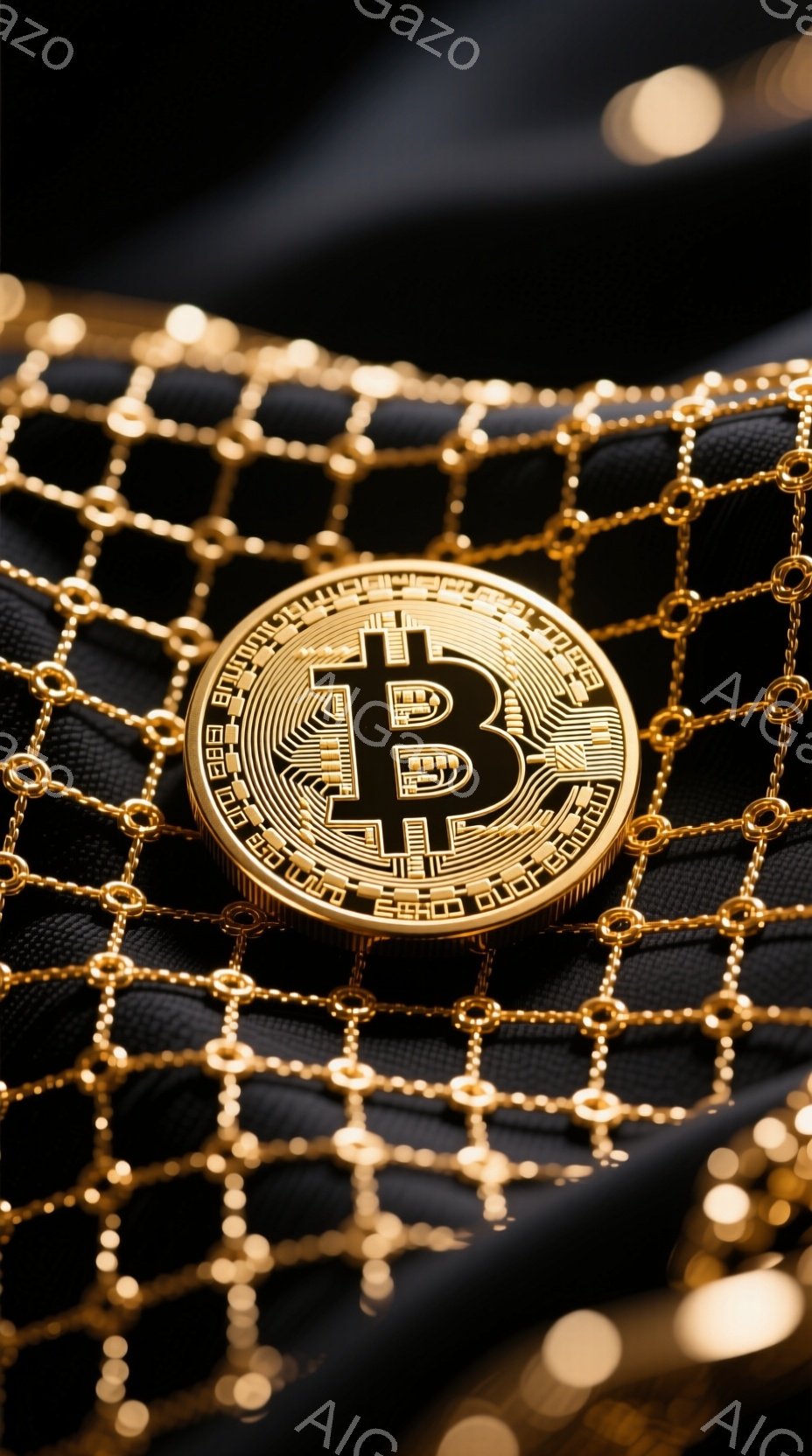 鮮やかな金色のビットコインが、黒い装飾が施された生地の上に置かれています。生地は細かい網目状で、光沢のある金色の装飾が全体に散りばめられ、高級感と洗練された雰囲気を醸し出しています。ビットコインと生地のコントラストが強く、デジタル通貨と富裕層のライフスタイルを連想させるイメージです。
