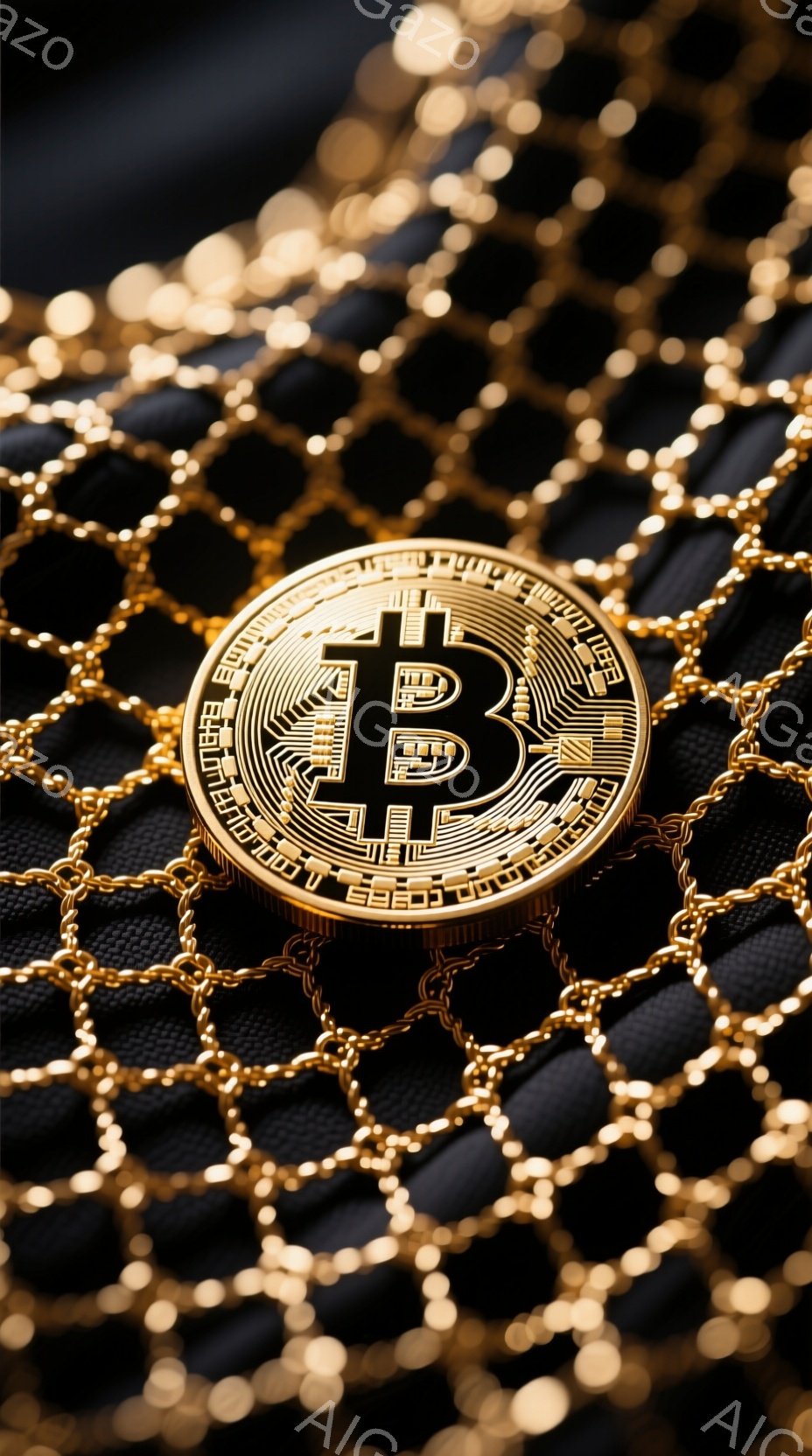 画像は、黒い素材の上に配置されたビットコインのクローズアップです。金色のビットコインのシンボルが中央に大きく描かれており、その周りには金色の編み込まれたチェーンが背景として広がっています。全体的に富とデジタル通貨の象徴的なイメージが表現されています。