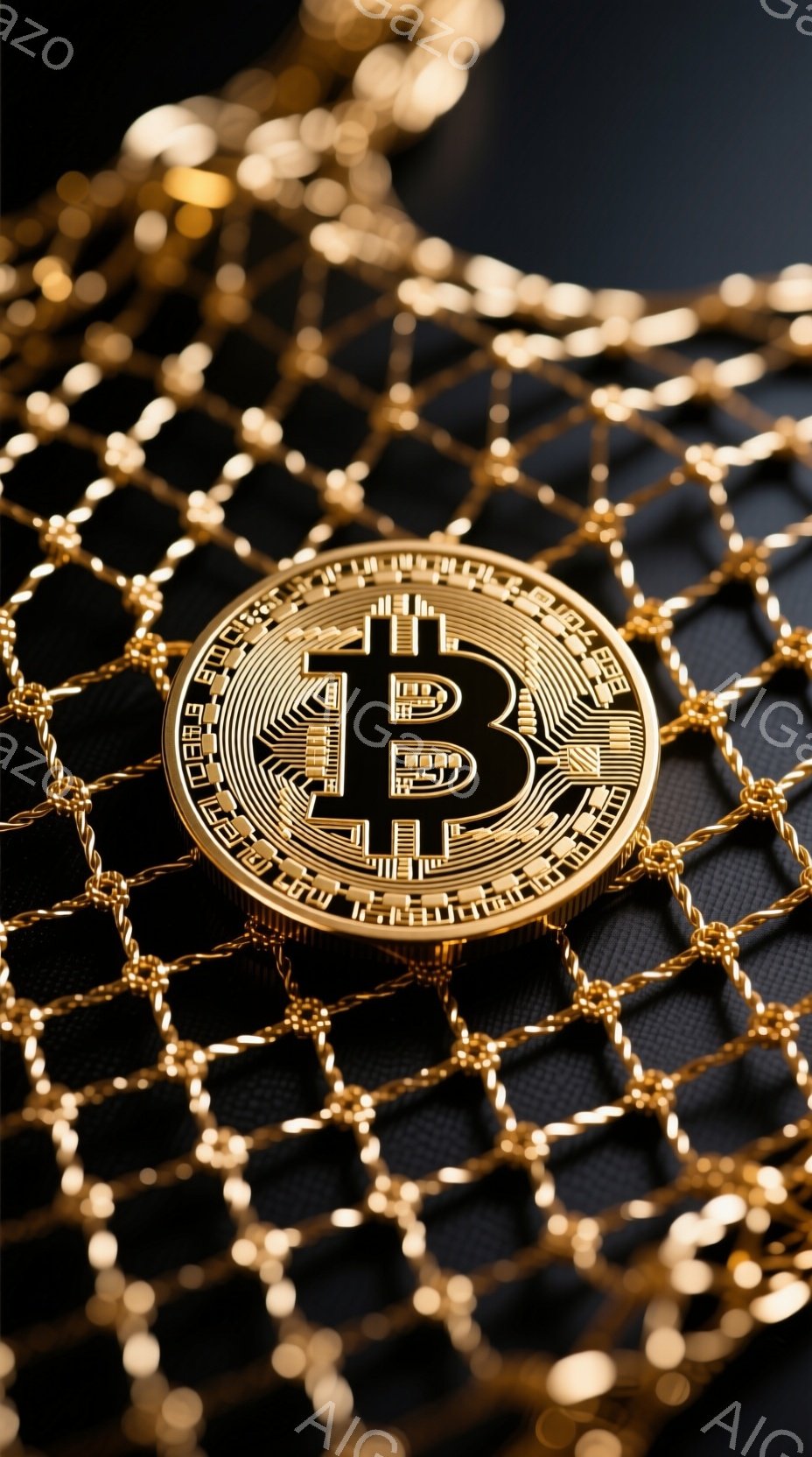画像は、暗い背景に配置されたビットコインの金色のコインをクローズアップで捉えています。コインは複雑なデザインで、中央には大きな「B」の文字が刻まれています。コインの周りには、金色のチェーンのようなテクスチャが網の目のように広がっており、全体的に高級感と未来的な雰囲気を醸し出しています。