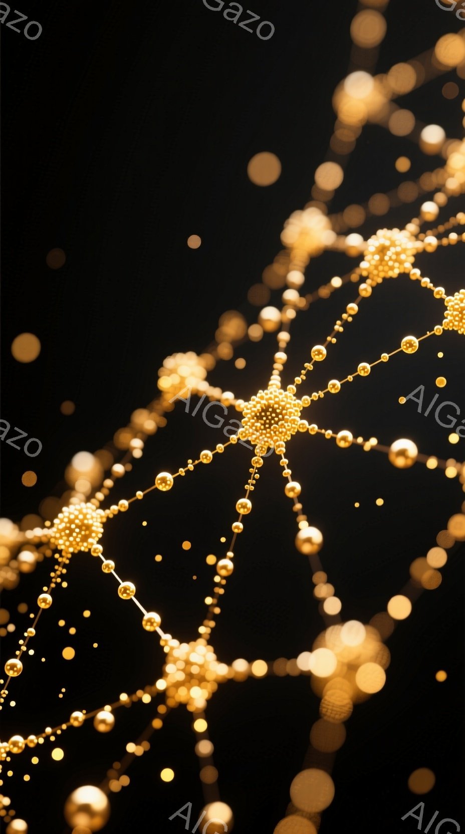 漆黒の背景に、金色の小さな球体が線のように繋がって、複雑なネットワークを形成している様子が描かれている。球体は様々なサイズで、光を受けてキラキラと輝き、まるで星屑のような幻想的な雰囲気を醸し出している。 全体として、抽象的でありながら、生命や宇宙の繋がりを想起させる、美しいイメージである。