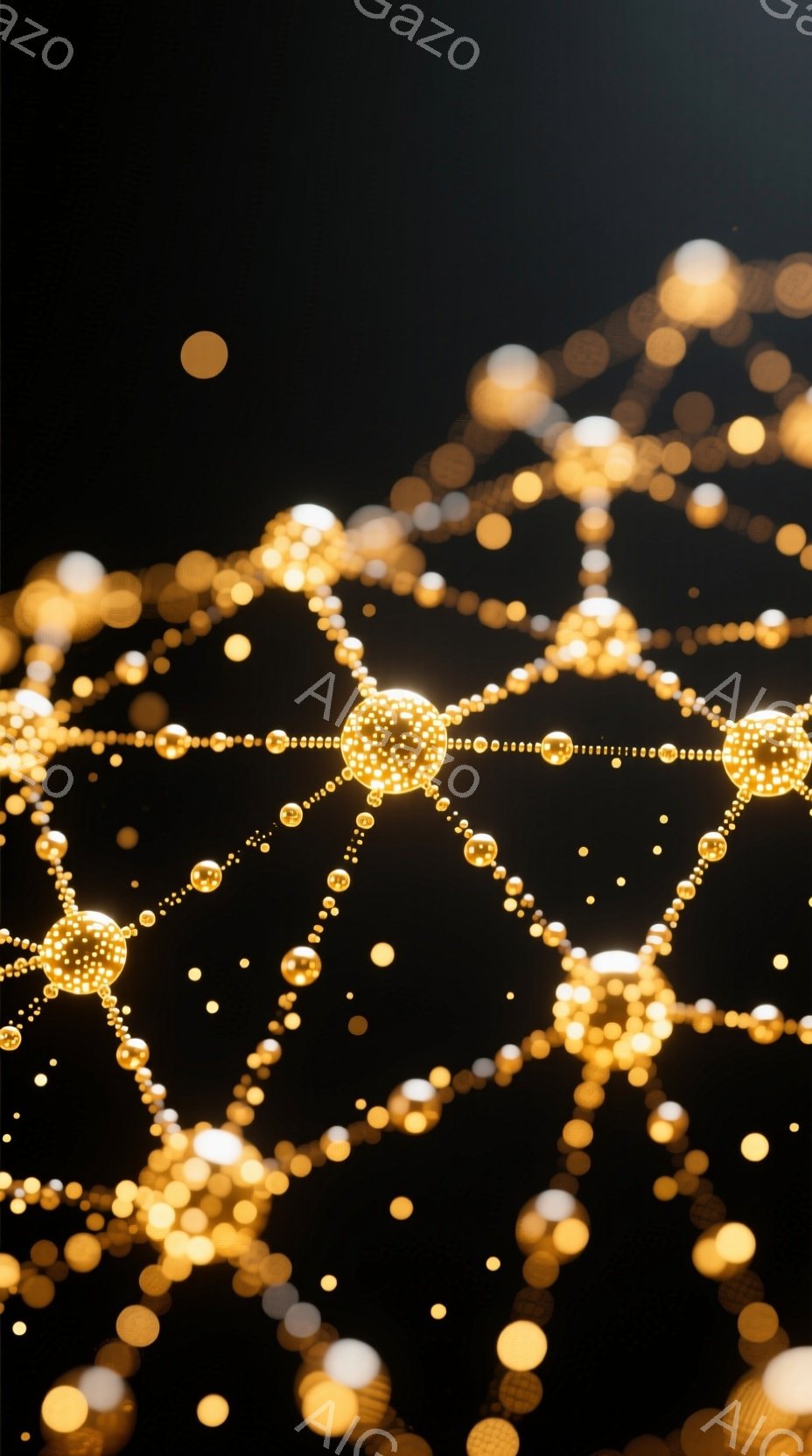 漆黒の背景に、無数の金色の光の粒が散りばめられ、まるで星雲のような幻想的な光景が広がっています。光の粒は様々な大きさで、明るさも異なり、それらが繋がり合うことで、複雑な模様を描き出しています。全体として、神秘的で夢幻的な雰囲気を醸し出しており、きらめく光が視覚的な魅力を高めています。