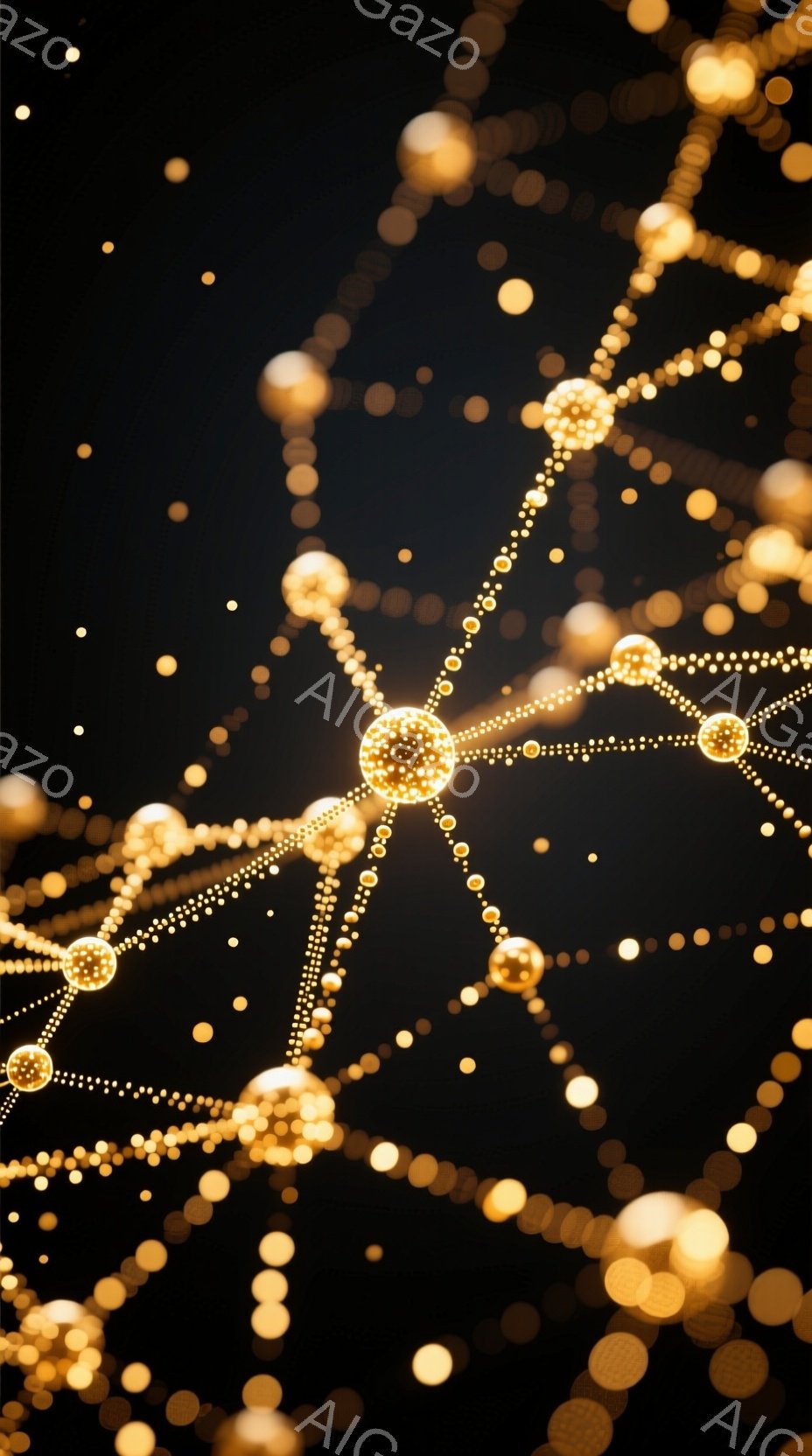 画像は暗い背景に金色の光の粒子が網の目のように広がる抽象的な表現です。光の粒子は様々な大きさで、まるで星雲や神経回路網のような複雑な構造を形作っています。全体的に神秘的で幻想的な雰囲気が漂い、光が生命のつながりや宇宙の広がりを暗示しているように感じられます。